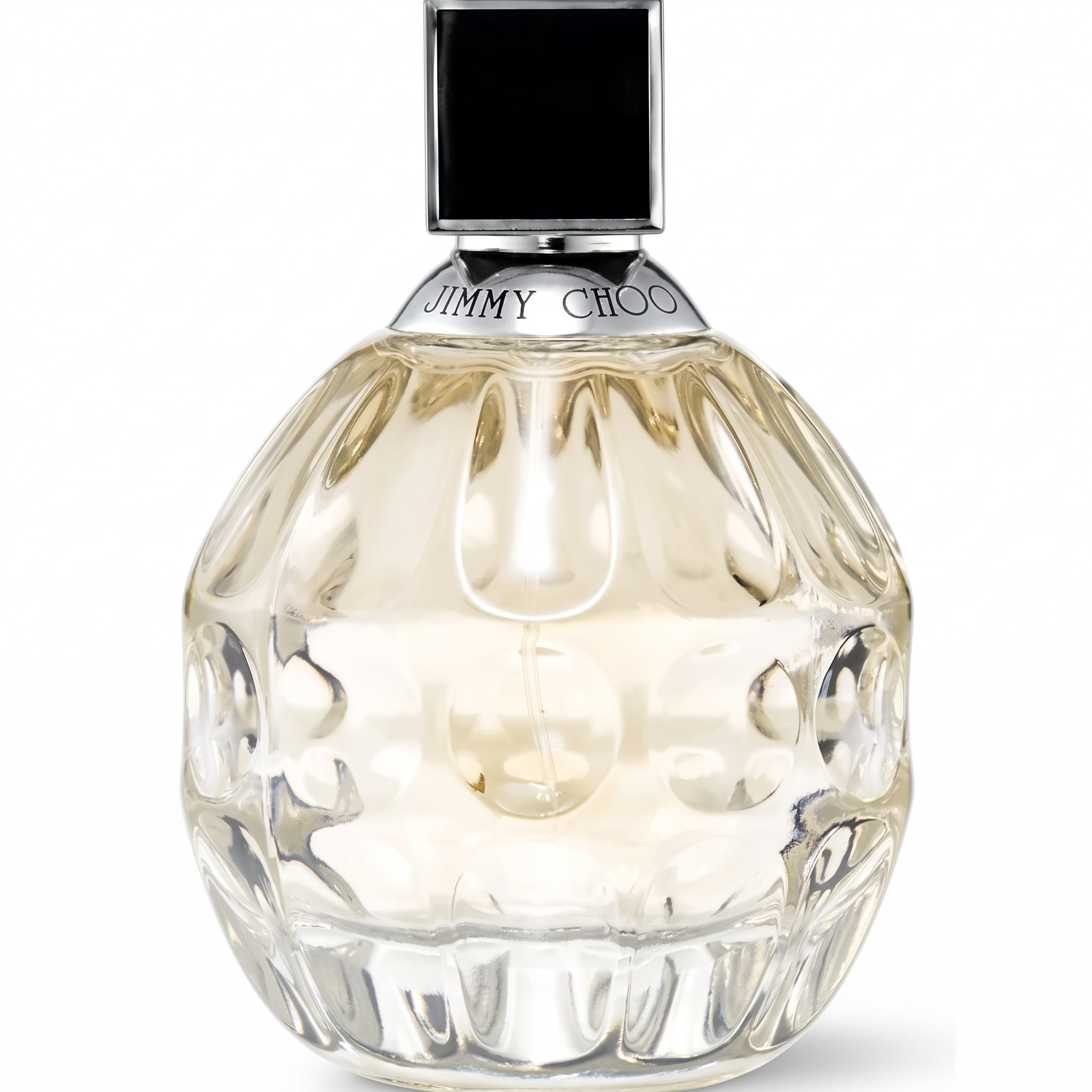 Palette 21 Jimmy Choo Eau de Parfum in a textured glass bottle with a silver collar and black cap.