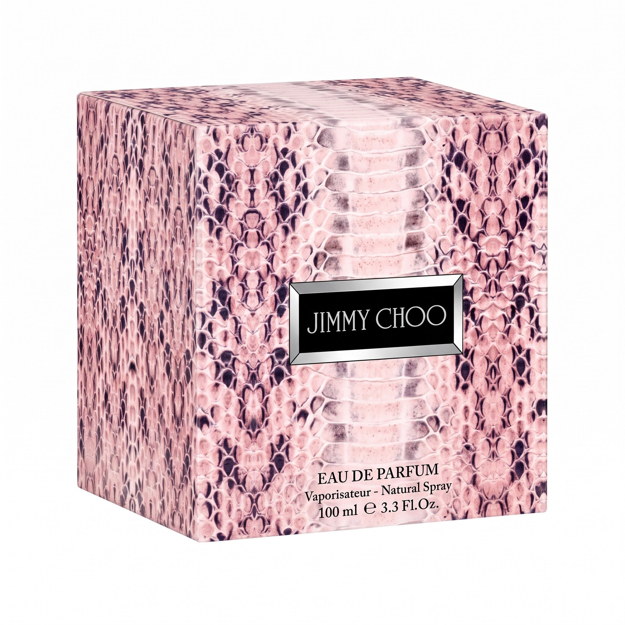 Palette 21 Jimmy Choo Eau de Parfum fragrance box with a pink and black snakeskin pattern on a white background.