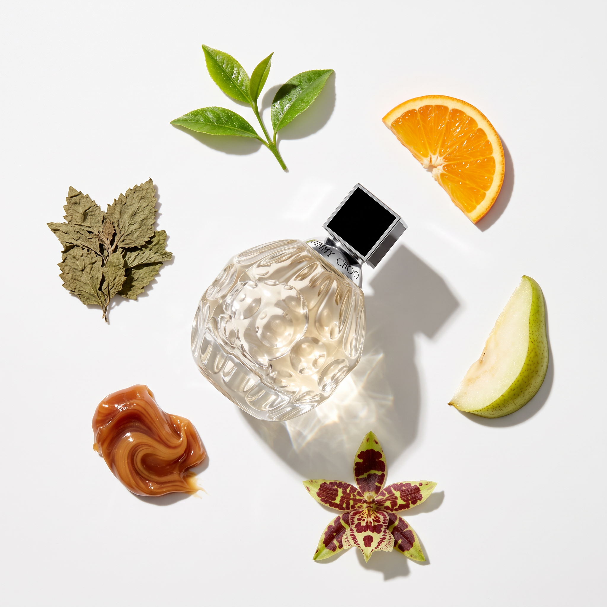 Palette 21 Jimmy Choo Eau de Parfum bottle surrounded by ingredients like orange, pear, orchid, patchouli, and caramel.