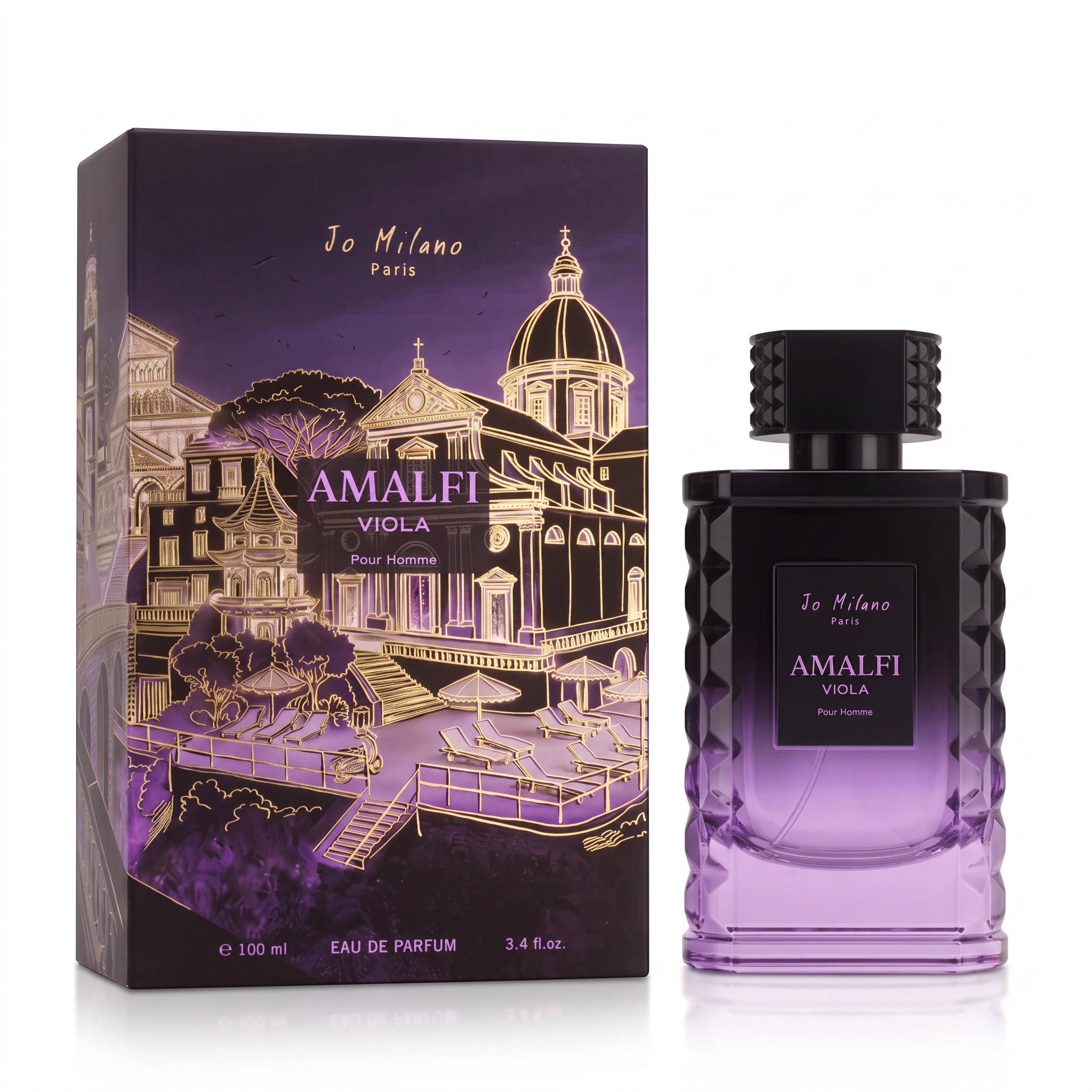 Palette 21 Jo Milano Paris Amalfi Viola Eau De Parfum in a purple gradient glass bottle with its illustrated box.