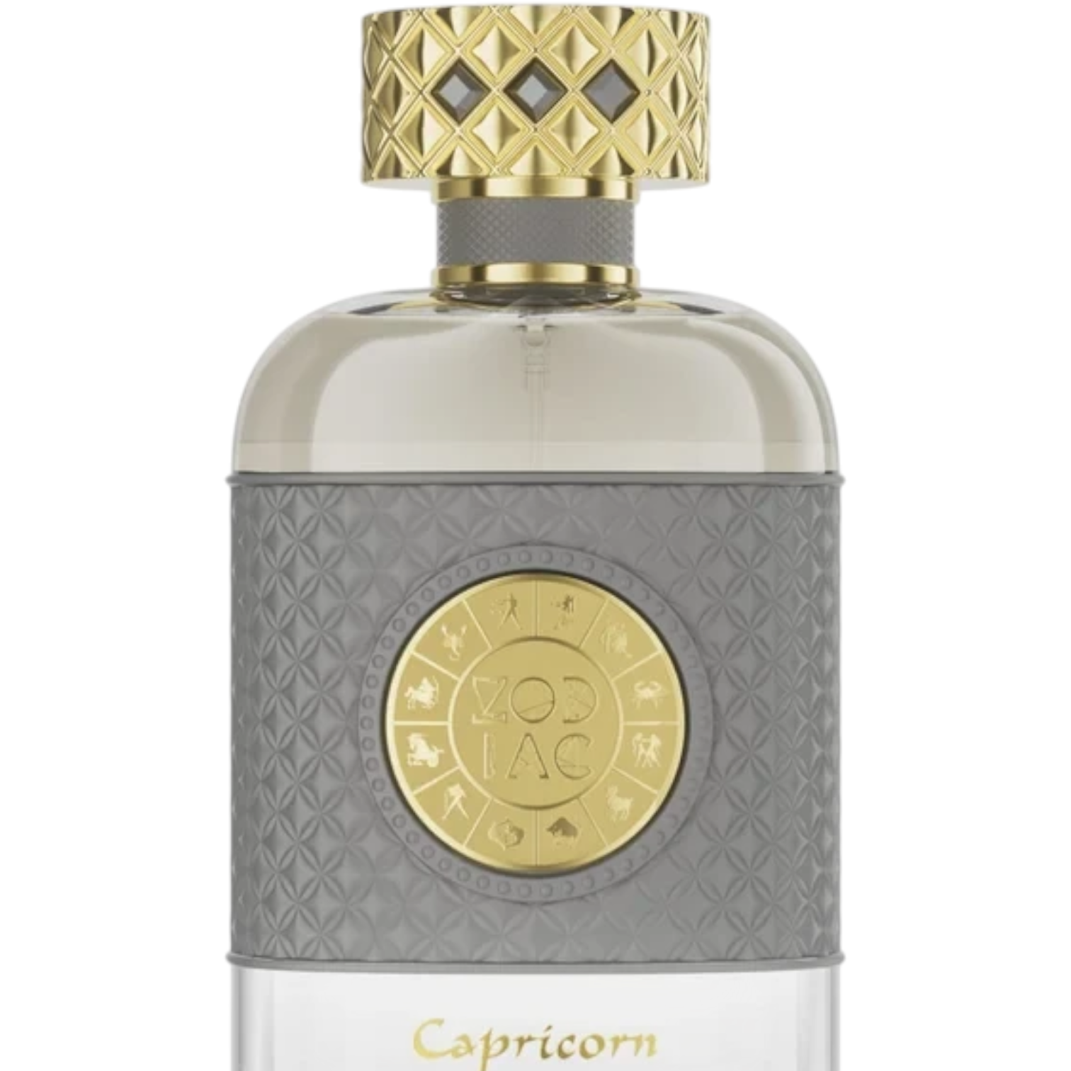 Palette 21 Jo Milano Zodiac Capricorn perfume bottle with a grey textured sleeve and gold zodiac medallion cap.