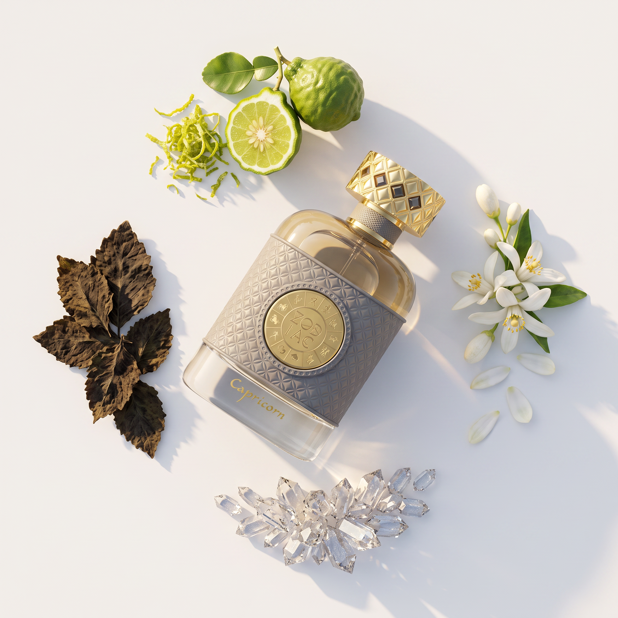 Palette 21 Jo Milano Paris Zodiac Capricorn perfume bottle with gold cap, citrus, white flowers, and crystal accents.