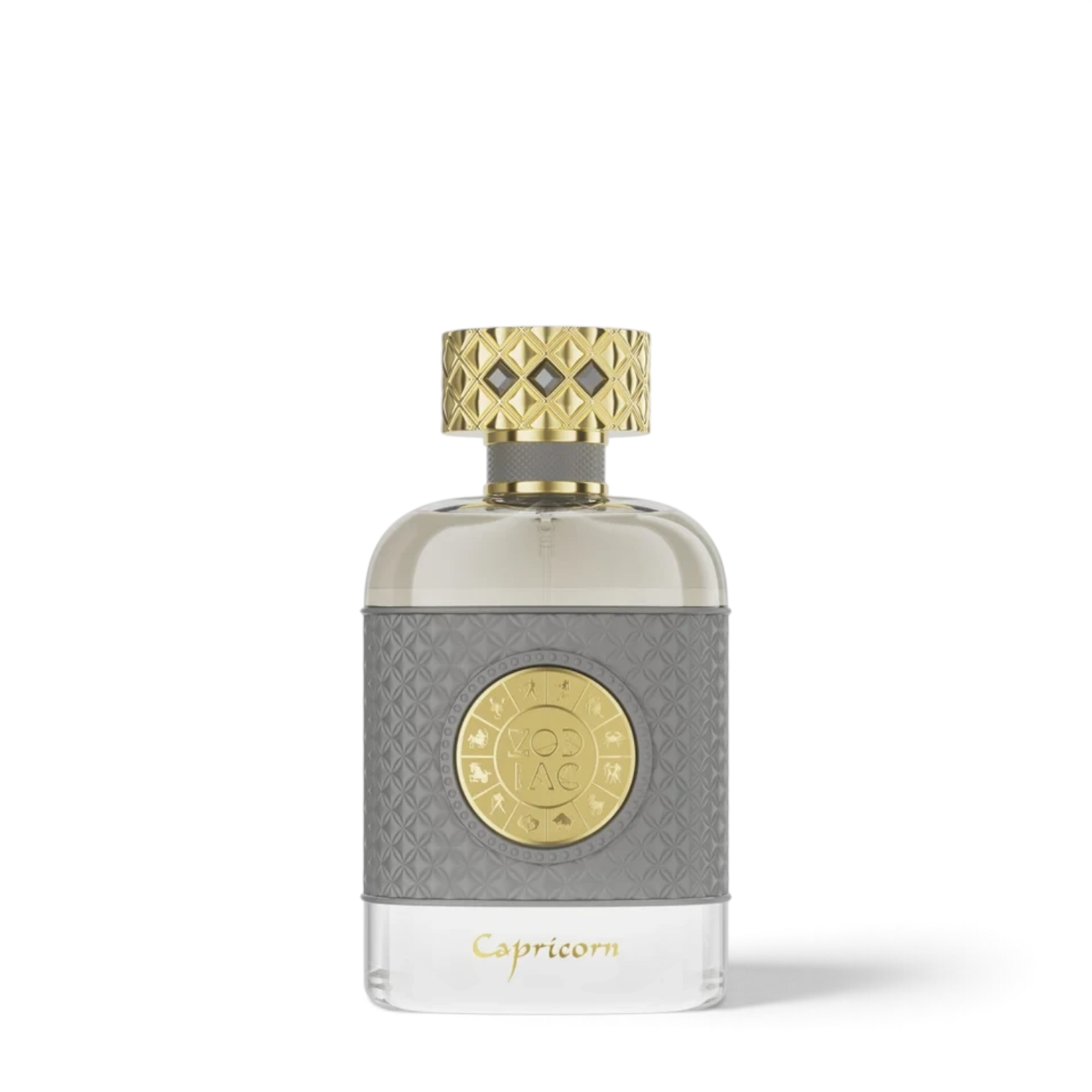 Palette 21 Jo Milano Paris Zodiac Capricorn perfume bottle with a grey textured sleeve and gold zodiac medallion cap.