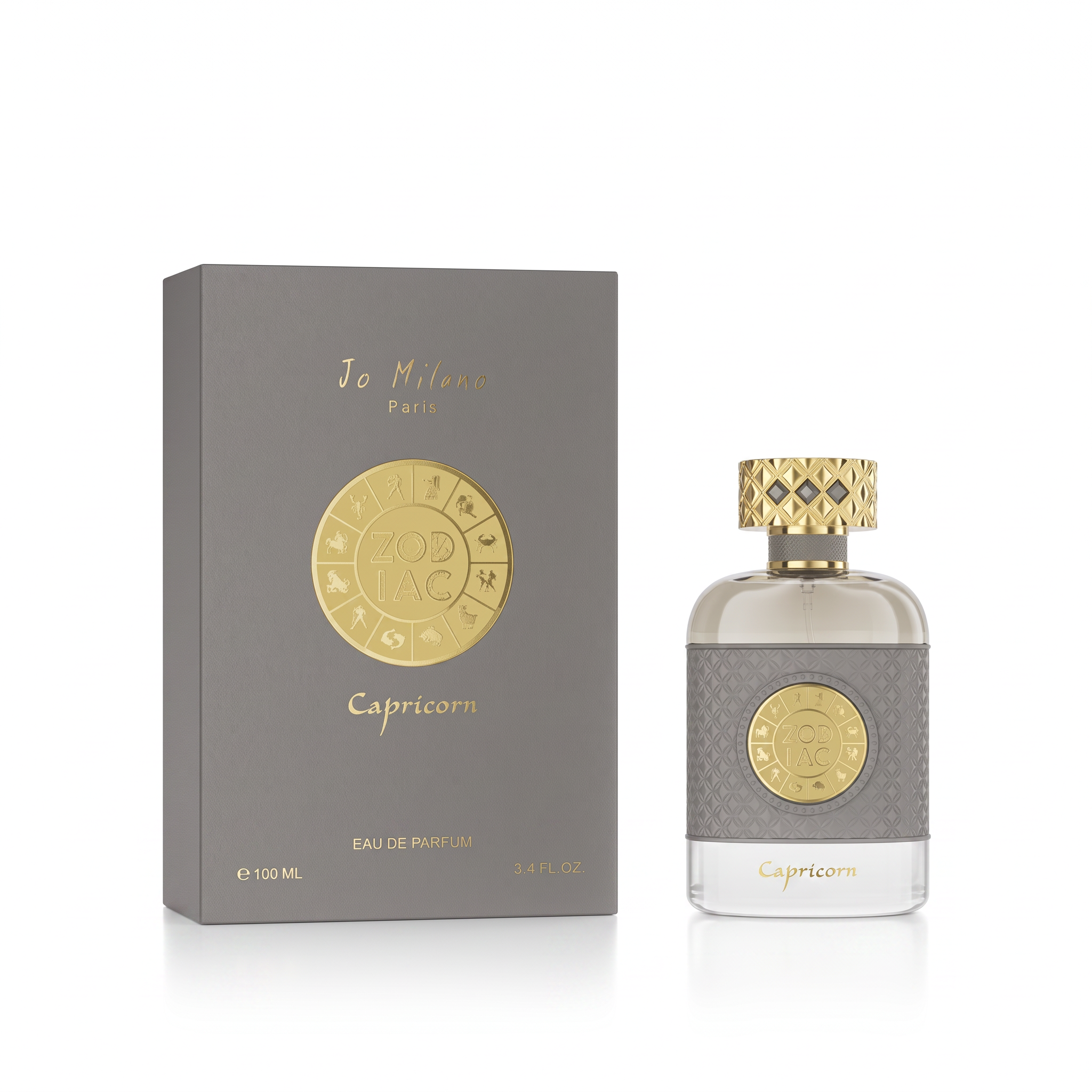 Palette 21 Jo Milano Paris Zodiac Capricorn Eau de Parfum bottle and grey box with gold zodiac medallion detailing.