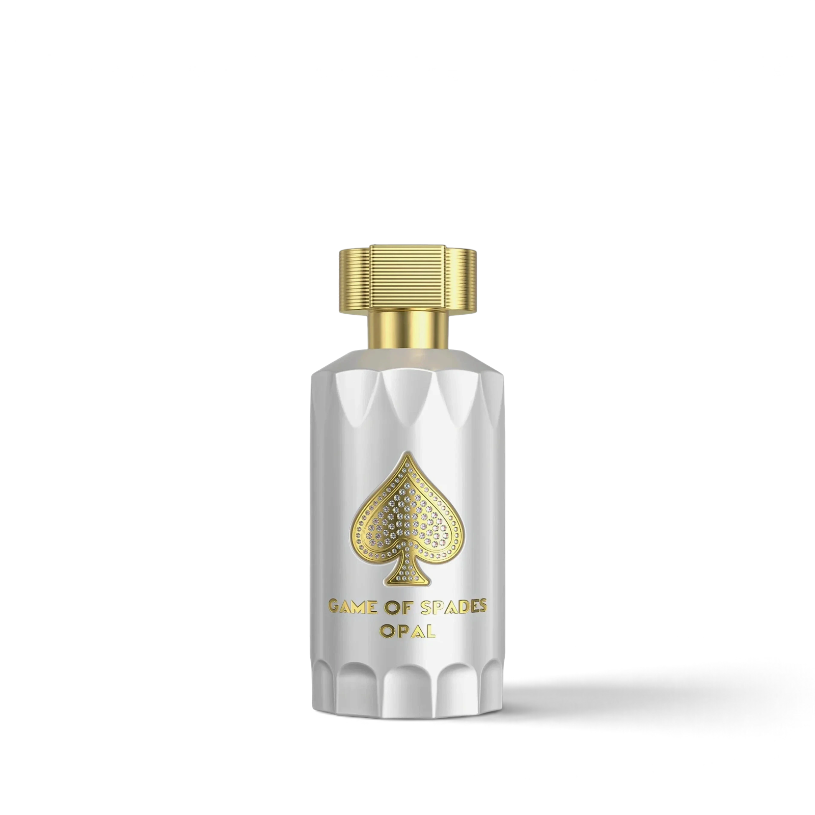 Palette 21 Jo Milano Game of Spades Opal unisex parfum in a white bottle with a gold spade emblem and cap.