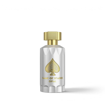 Palette 21 Jo Milano Game of Spades Opal unisex parfum in a white bottle with a gold spade emblem and cap.