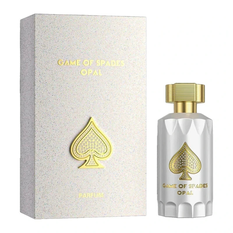 Palette 21 Jo Milano Game of Spades Opal unisex parfum bottle and white textured box with gold spade emblem