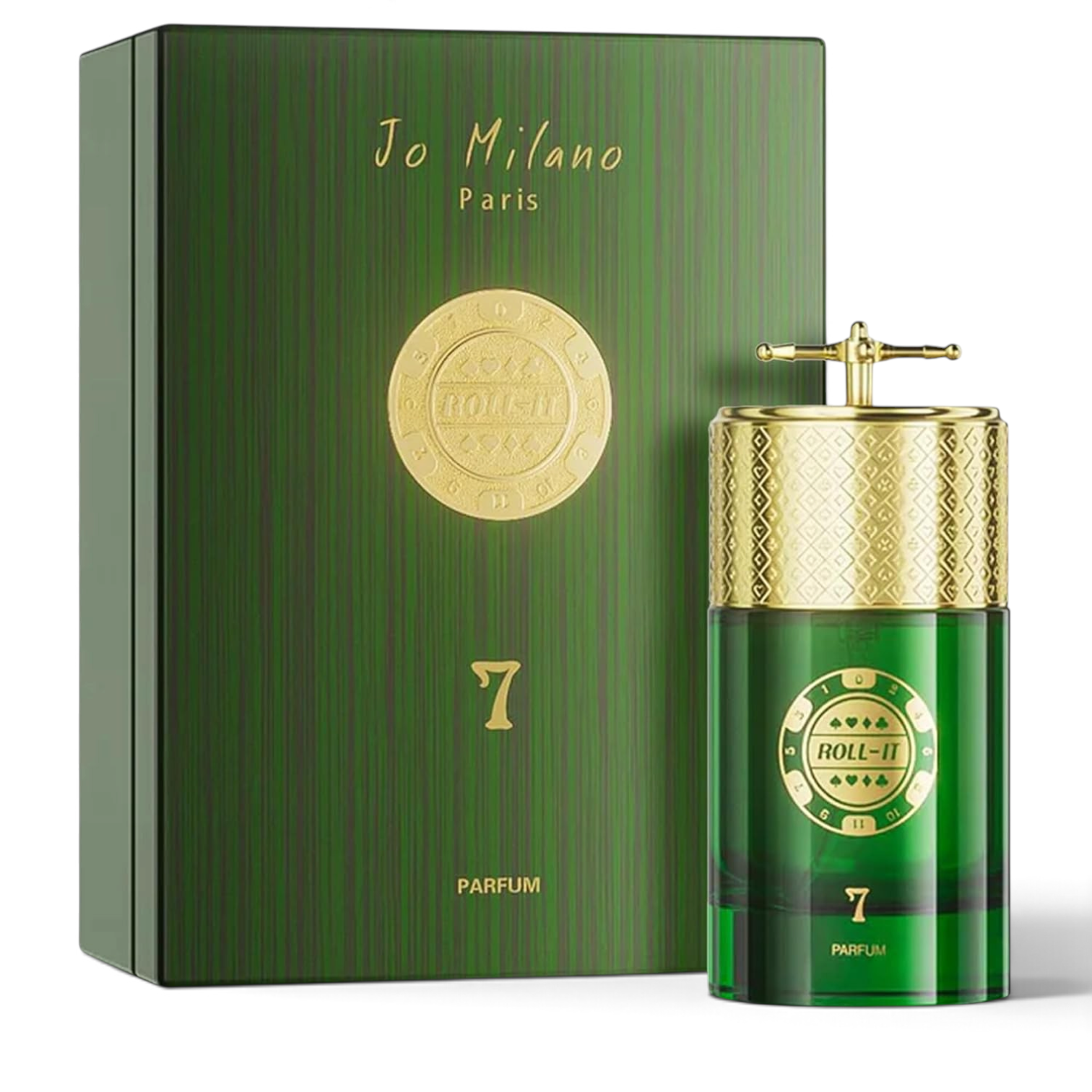 Palette 21 Jo Milano Roll It #7 unisex parfum in a green glass bottle with a gold roulette-style cap and gift box.
