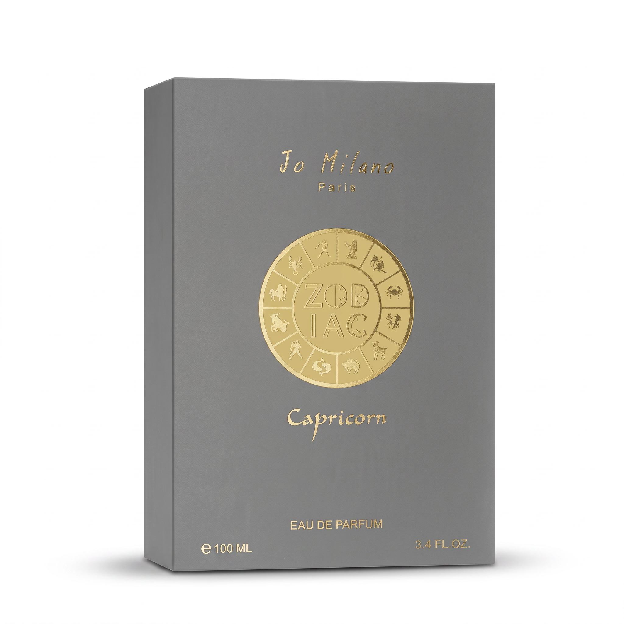 Palette 21 Jo Milano Paris Zodiac Capricorn Eau de Parfum in a grey box with a gold zodiac wheel medallion.