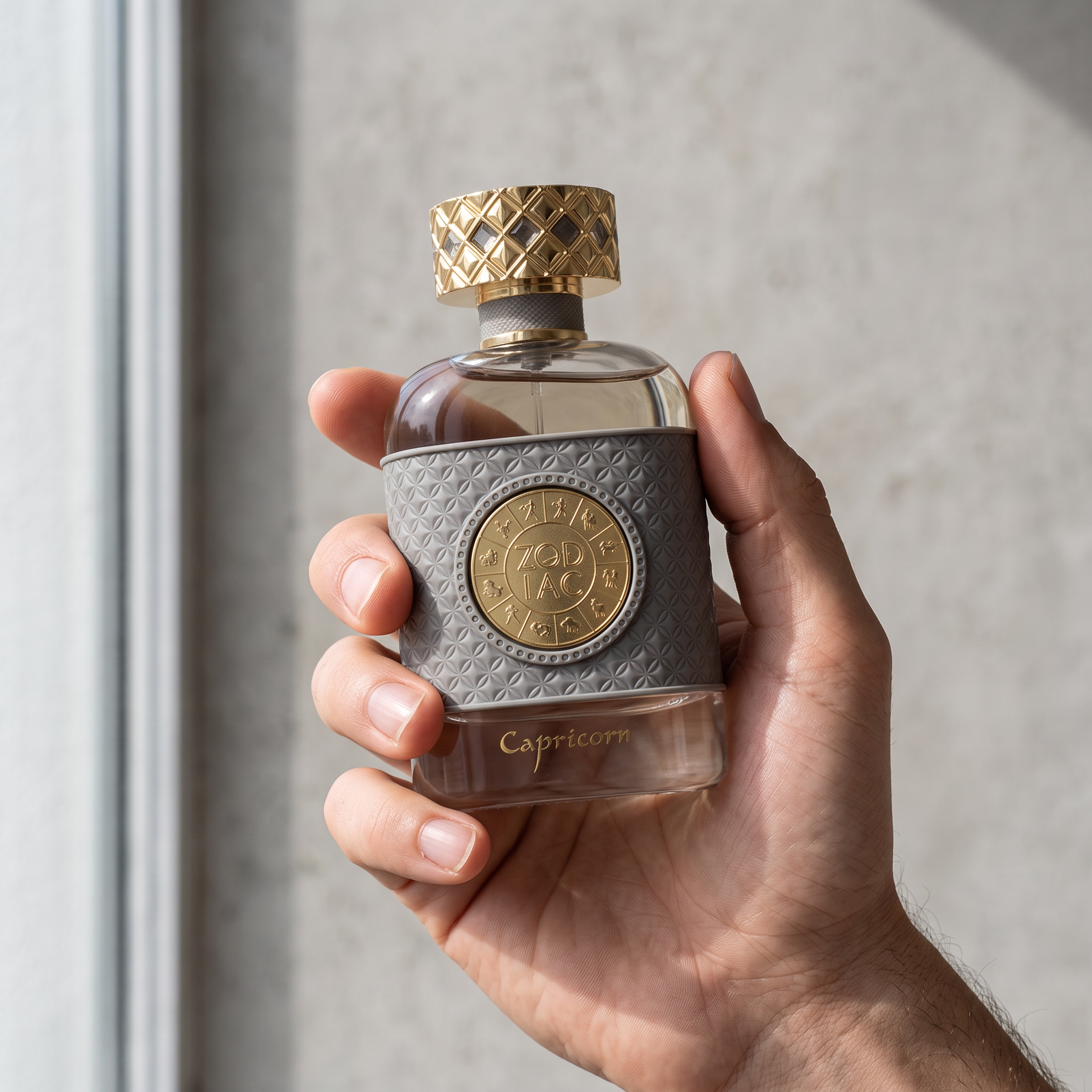 Palette 21 Jo Milano Paris Zodiac Capricorn perfume bottle with grey textured sleeve and gold zodiac medallion cap
