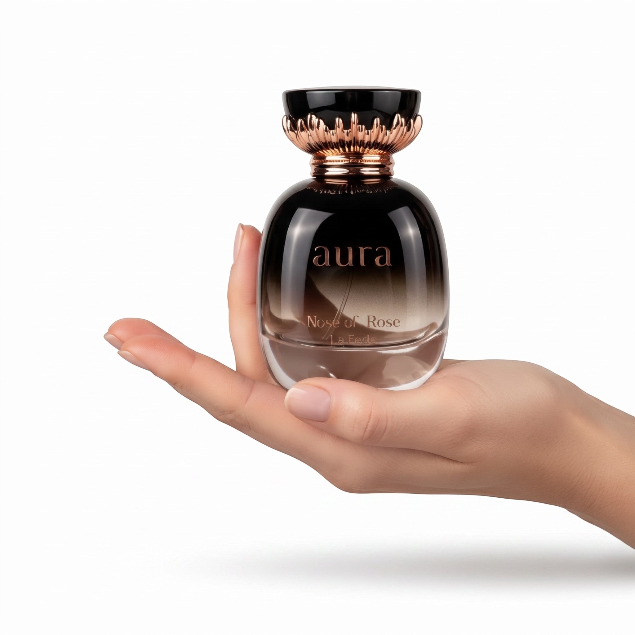 Palette 21 Khadlaj La Fede Aura Kiss of Rose perfume bottle held in a hand, featuring a black and clear glass design.