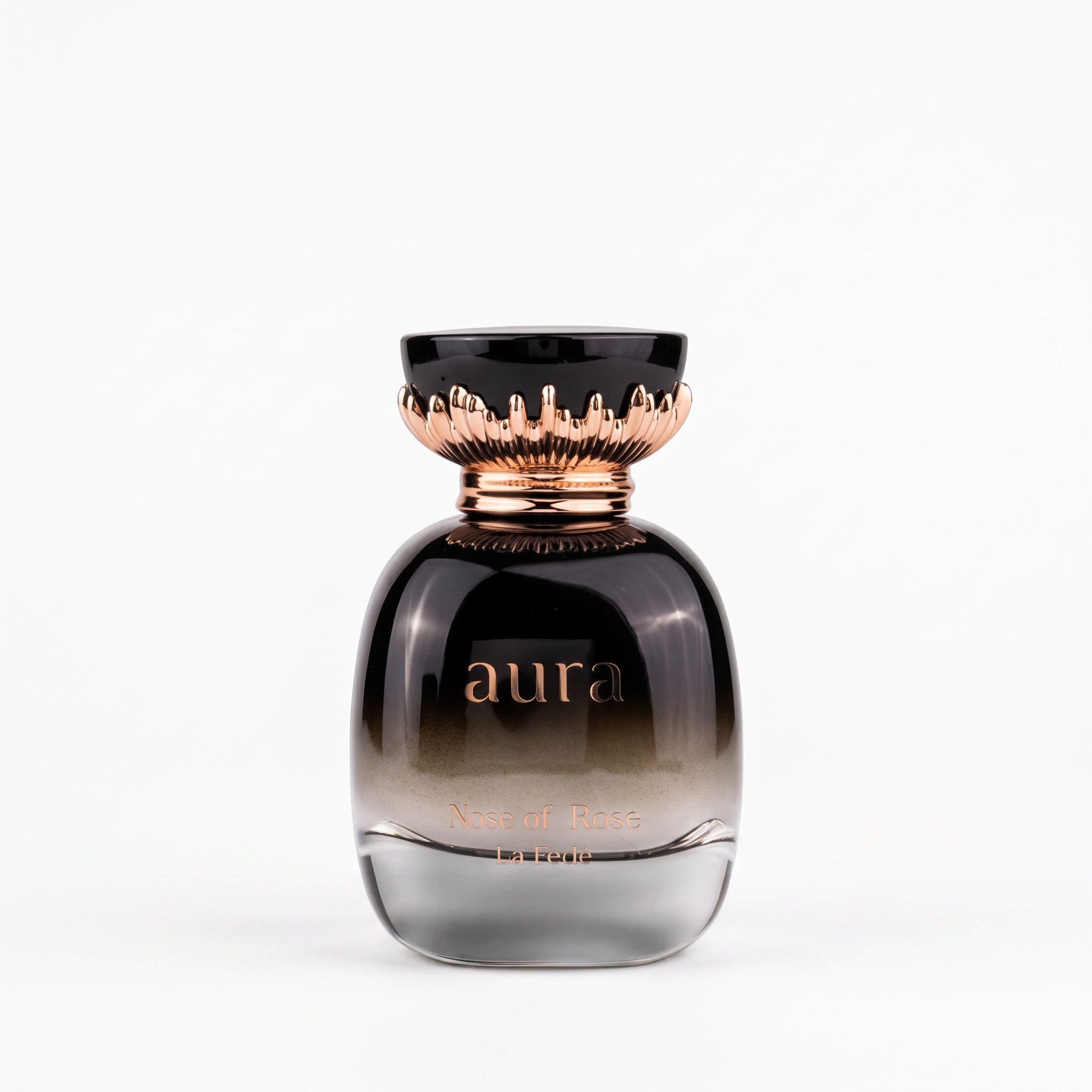 Palette 21 Khadlaj La Fede Aura Kiss of Rose perfume bottle with black gradient glass and rose gold crown cap