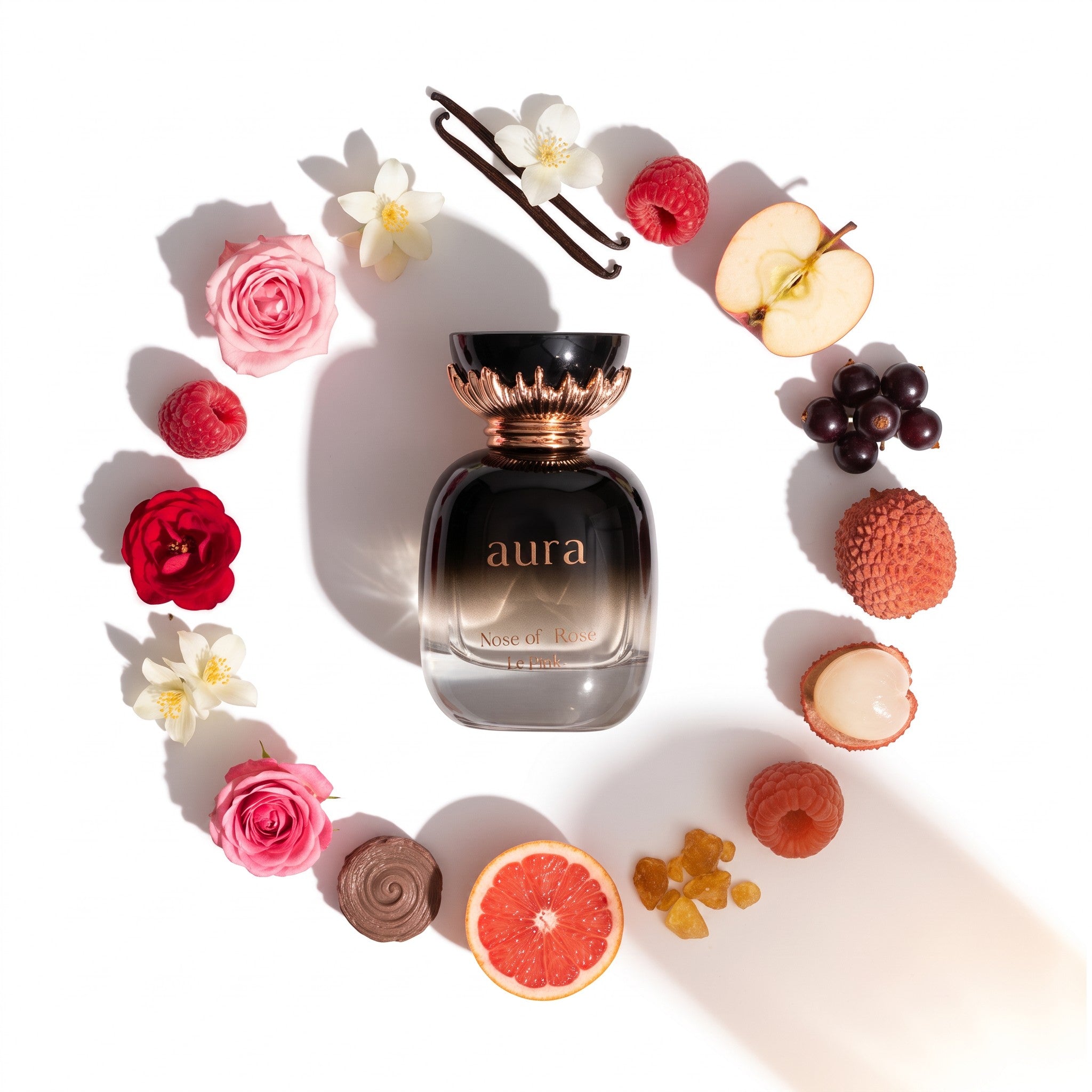 Palette 21 Khadlaj La Fede Aura Kiss of Rose perfume bottle surrounded by rose petals, lychee, apple, and berries.