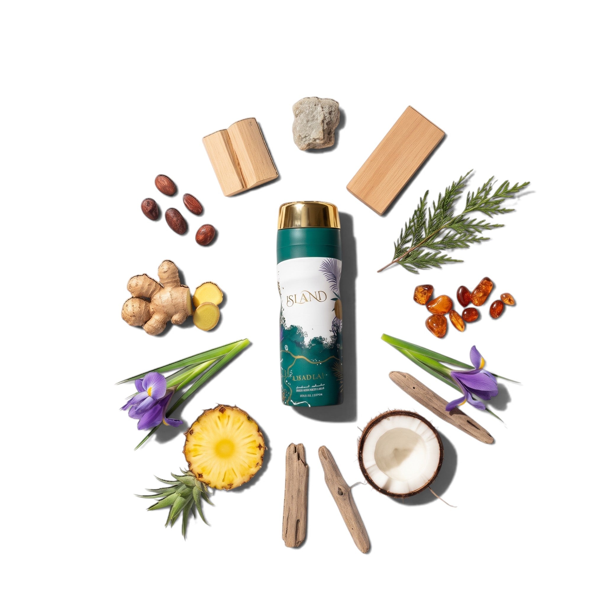 Palette 21 Khadlaj Island body spray surrounded by pineapple, coconut, ginger, iris flowers, and amber on white.
