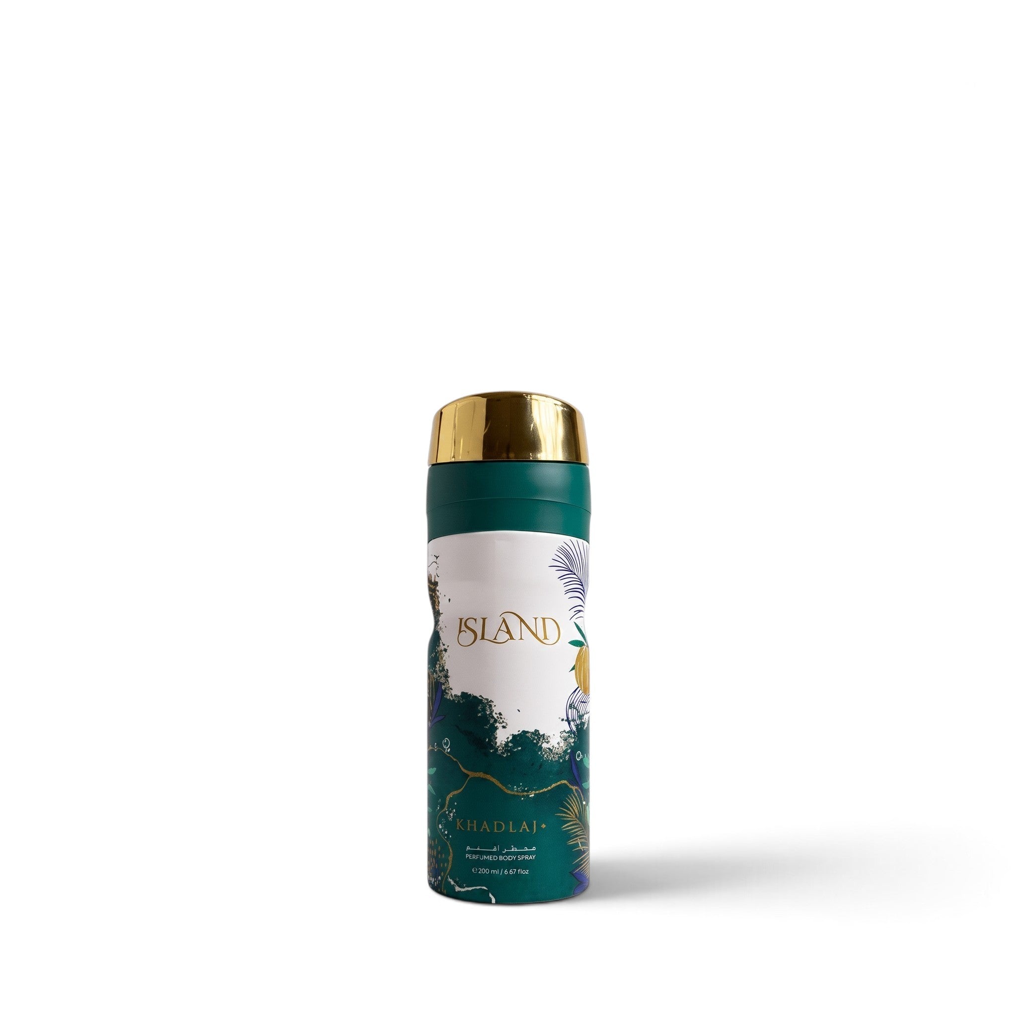 Palette 21 Khadlaj Island perfumed body spray in a green and white bottle with a gold cap on a white background.