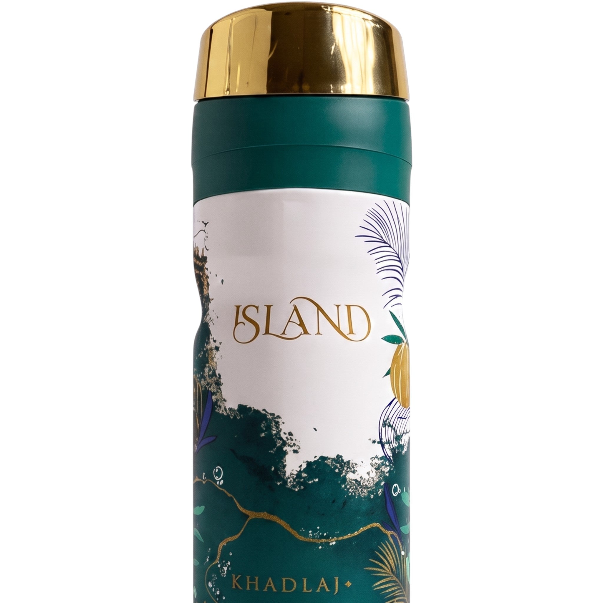 Palette 21 Khadlaj Island perfumed body spray in a white, green, and gold bottle with tropical botanical illustrations.