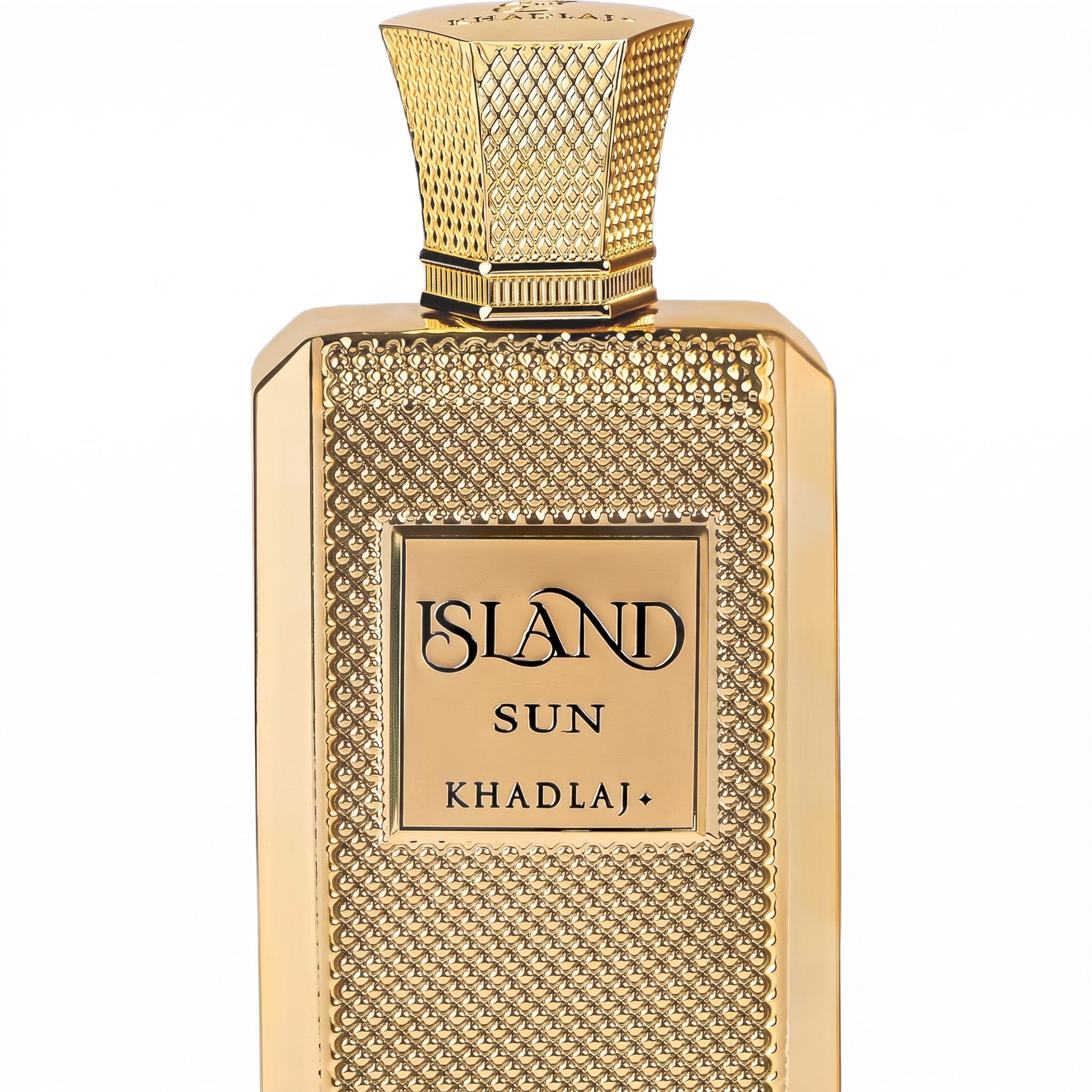 Palette 21 Khadlaj Island Sun eau de parfum in an intricately textured gold bottle with a matching geometric cap.