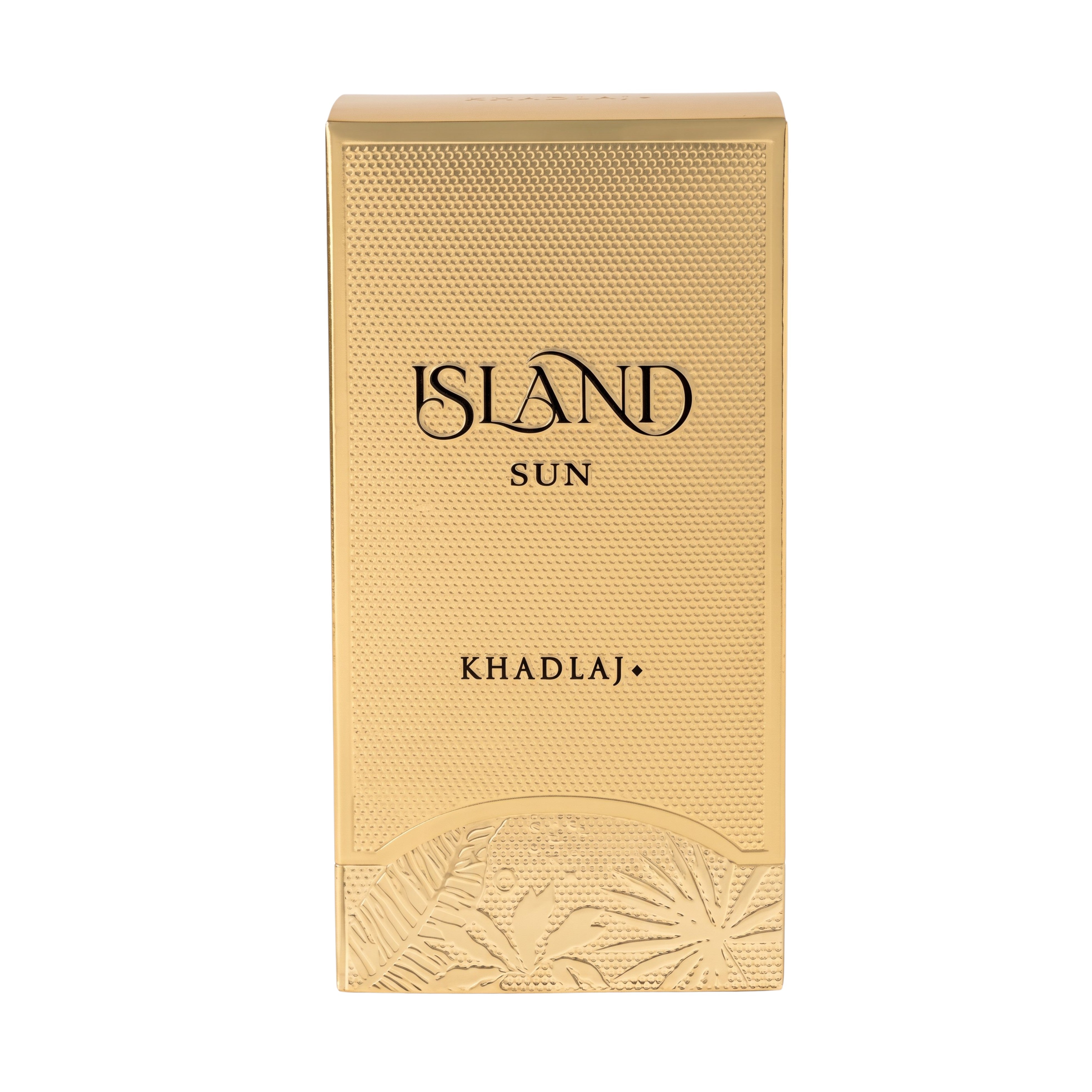 Palette 21 Khadlaj Island Sun eau de parfum in a textured gold rectangular bottle with tropical leaf embossing.