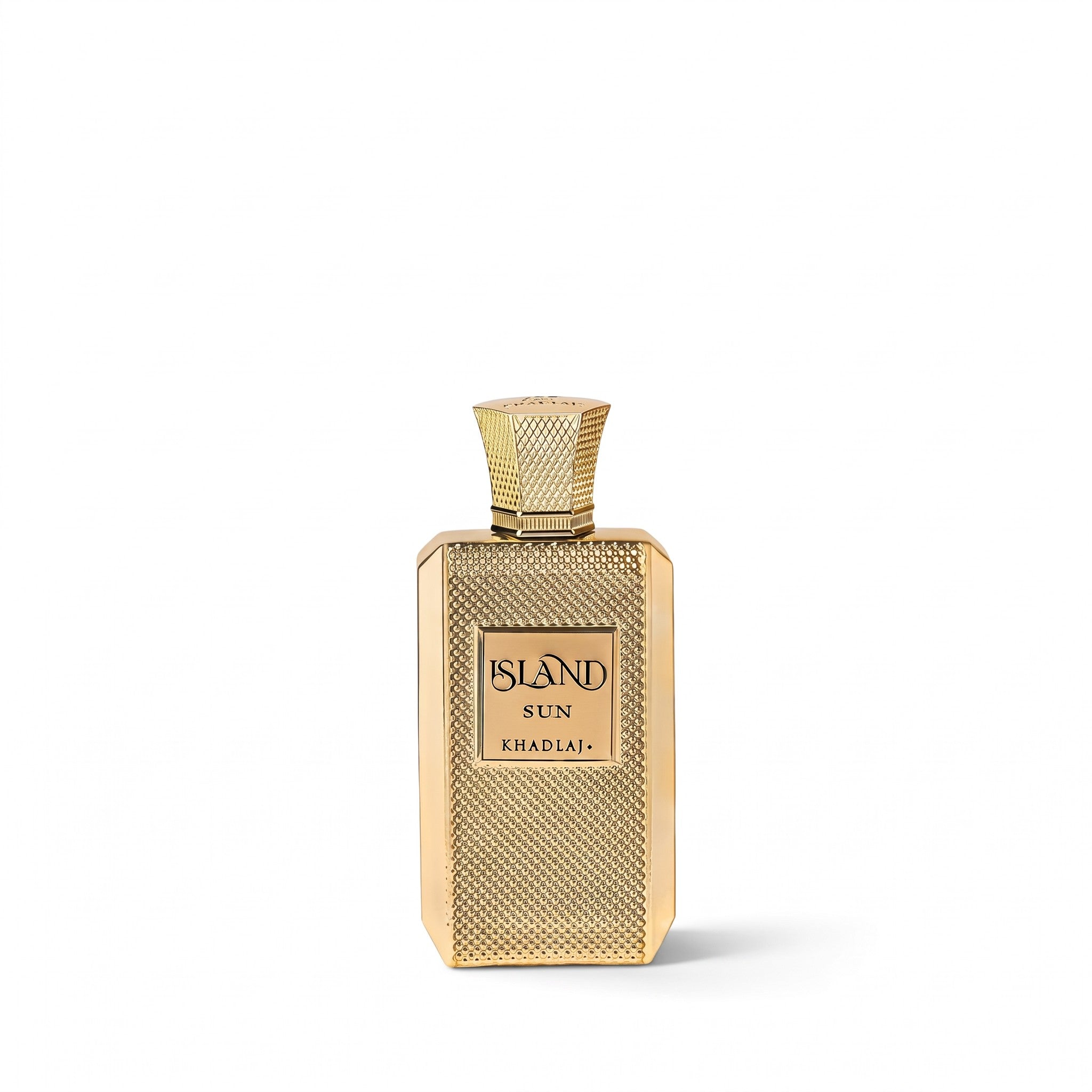 Palette 21 Khadlaj Island Sun eau de parfum in a luxurious, intricately textured gold bottle on a white background.