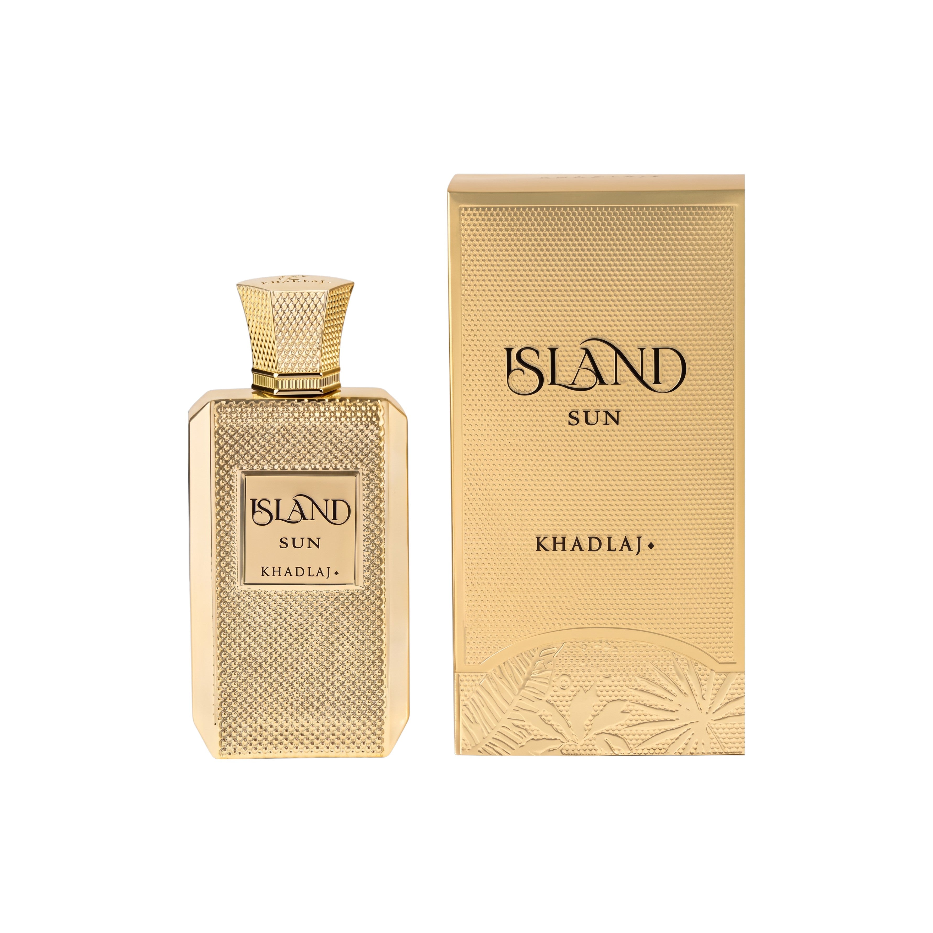 Palette 21 Khadlaj Island Sun Eau De Parfum in a textured gold bottle with its matching gold presentation box.