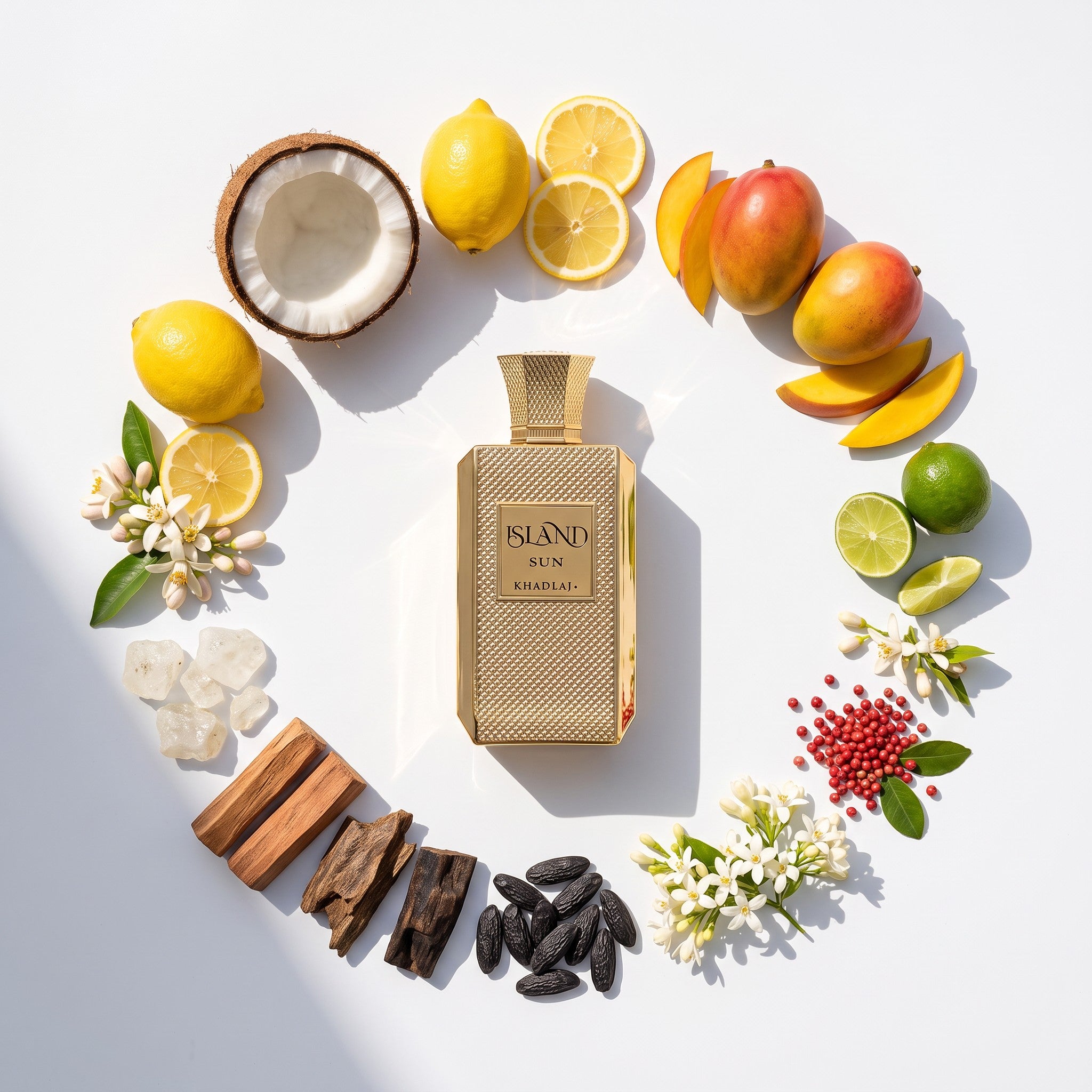 Palette 21 Khadlaj Island Sun perfume bottle surrounded by tropical ingredients like mango, coconut, and lemon.