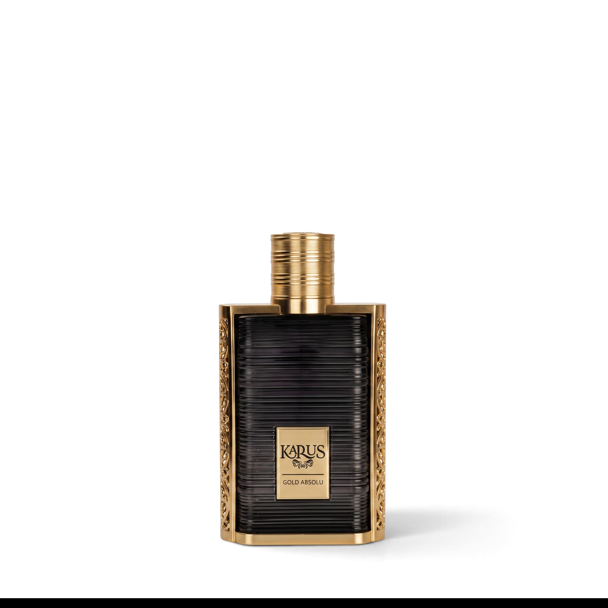 Palette 21 Khadlaj Karus Gold Absolu perfume bottle with a black ribbed glass body and ornate gold metal frame.