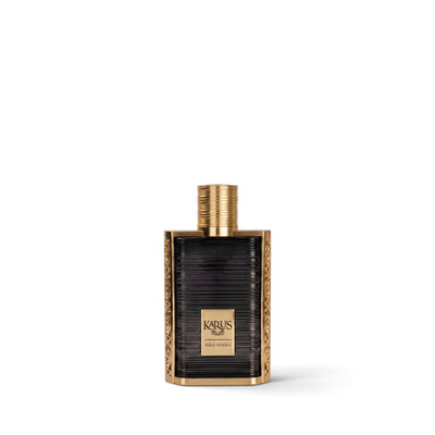 Palette 21 Khadlaj Karus Gold Absolu unisex perfume in a sleek black bottle with ornate gold metal casing