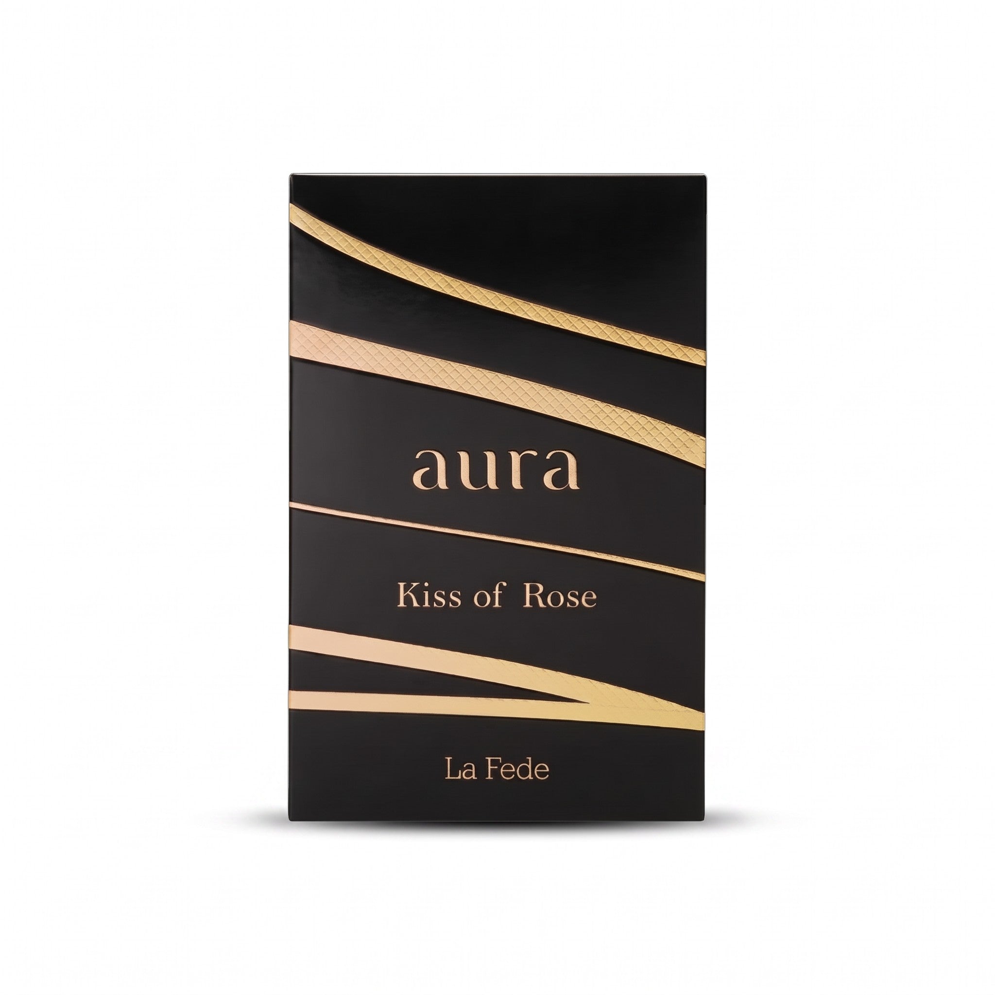 Palette 21 Khadlaj La Fede Aura Kiss of Rose perfume box in black with elegant gold diagonal accents