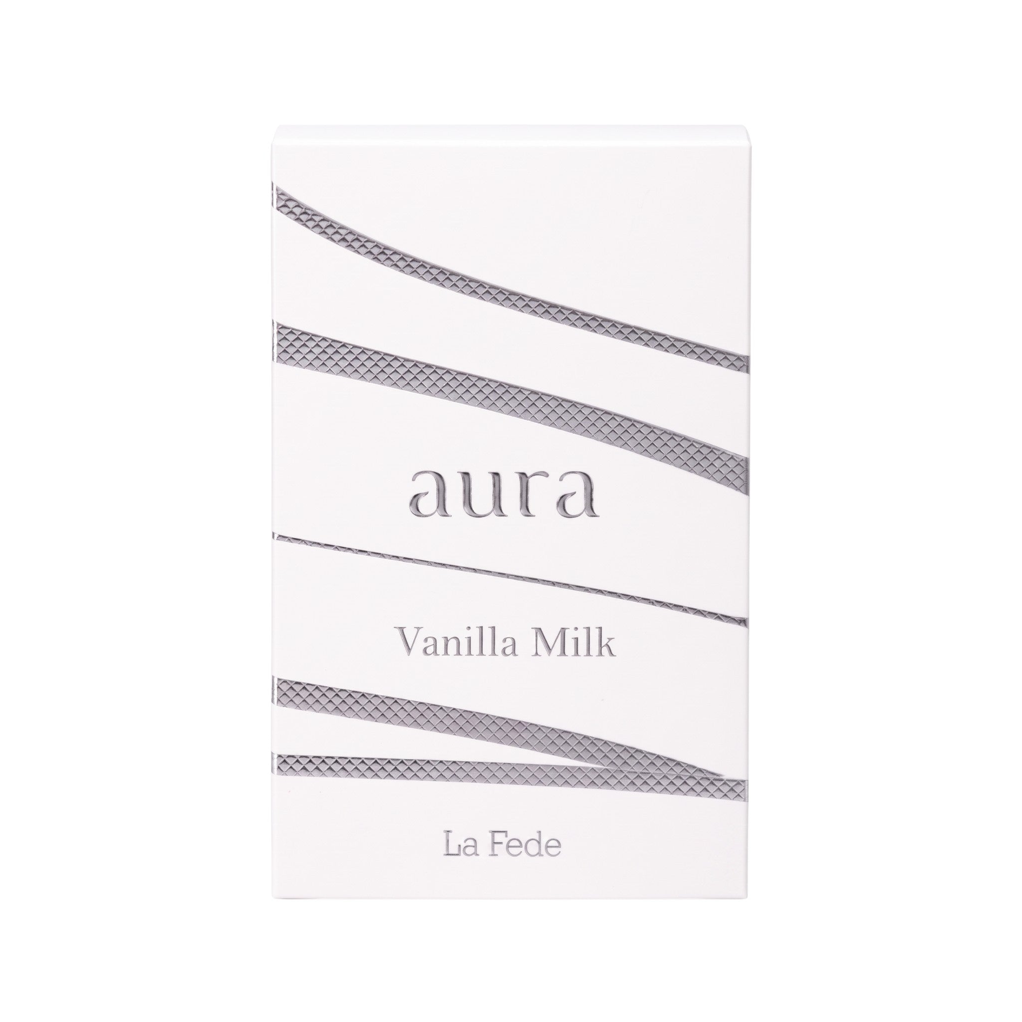 Palette 21 Khadlaj Le Fede Aura Vanilla Milk perfume box in white with silver textured wave accents