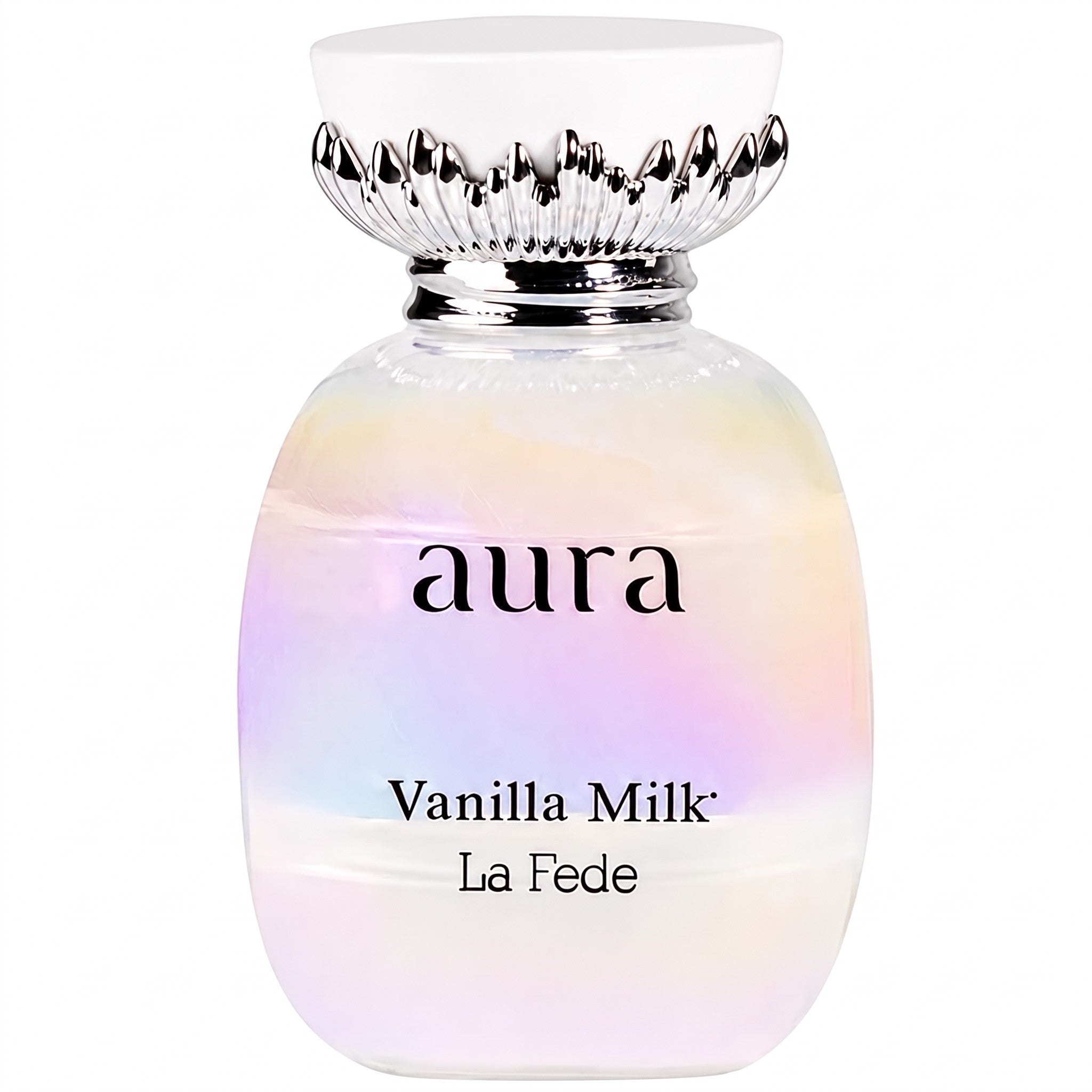 Palette 21 Khadlaj Le Fede Aura Vanilla Milk perfume bottle with iridescent glass and silver crown-shaped cap