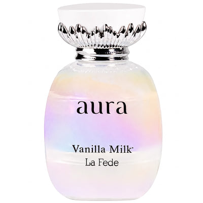 Palette 21 Khadlaj Le Fede Aura Vanilla Milk perfume bottle with iridescent glass and silver crown-shaped cap