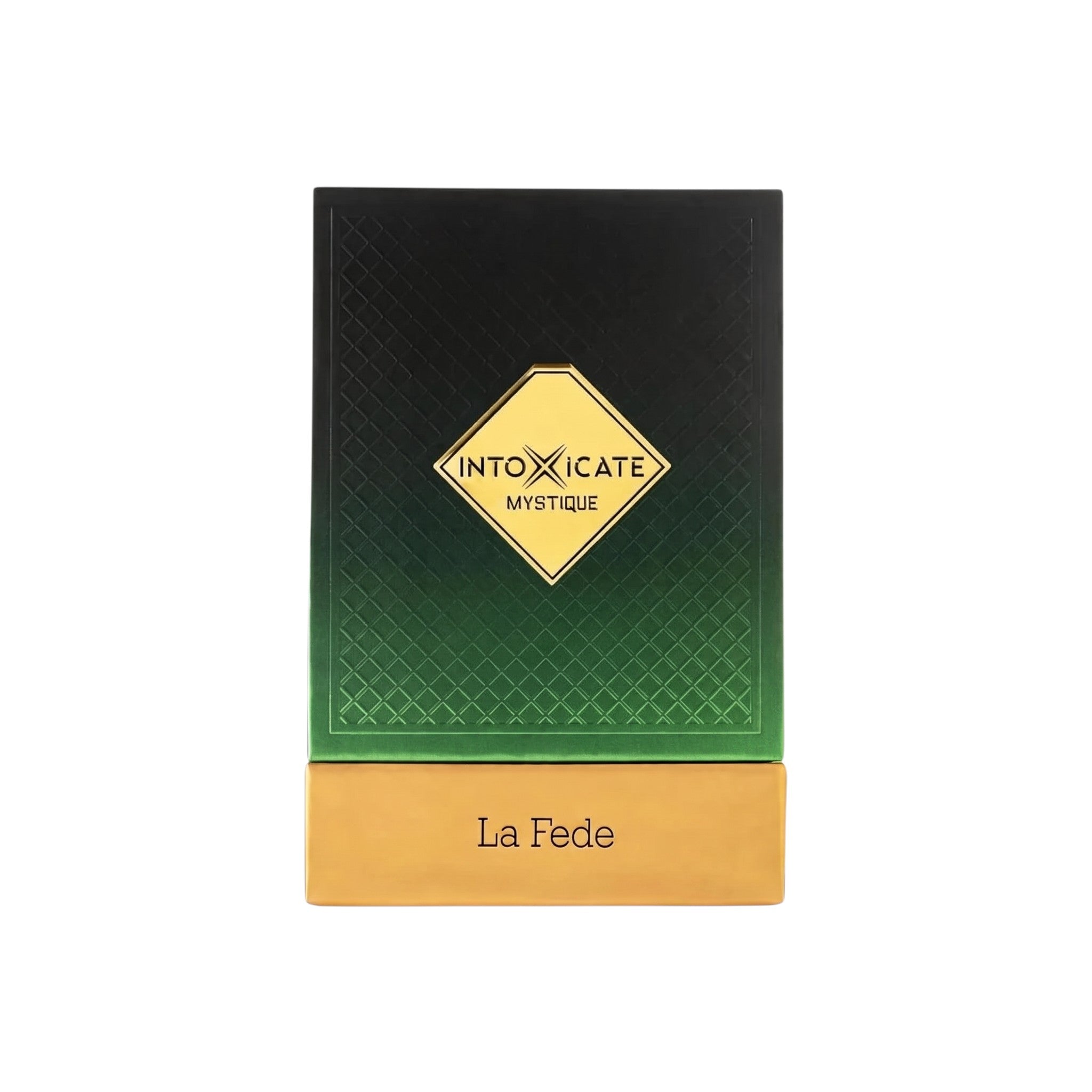 Palette 21 Khadlaj Le Fede Intoxicate Mystique perfume box in green and gold with a textured diamond pattern