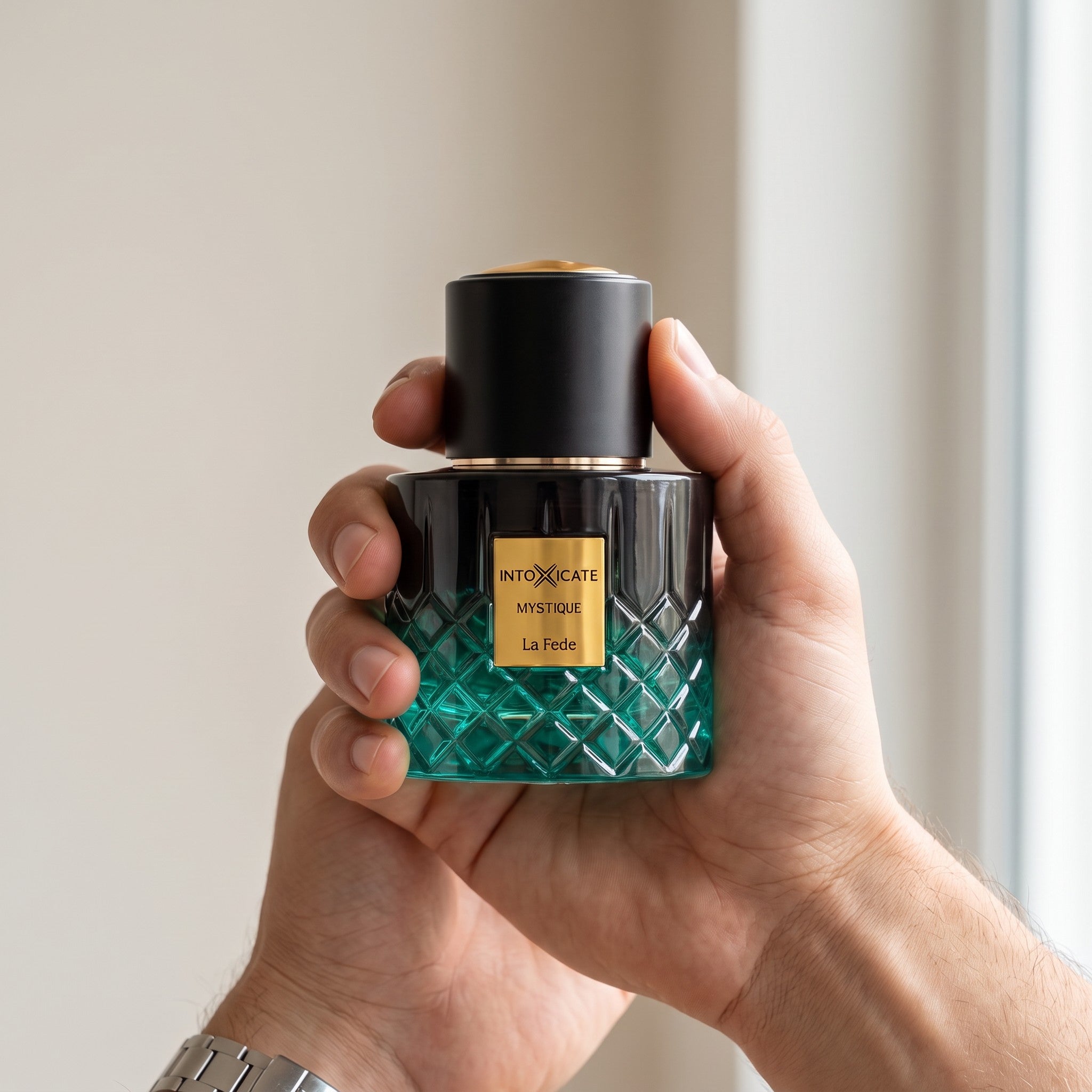 Palette 21 Khadlaj Le Fede Intoxicate Mystique perfume bottle with a green diamond-cut glass base and black cap