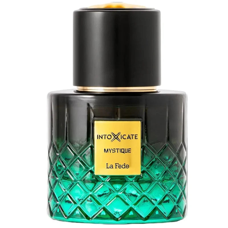 Palette 21 Khadlaj Le Fede Intoxicate Mystique perfume bottle with a green textured glass base and black cap.
