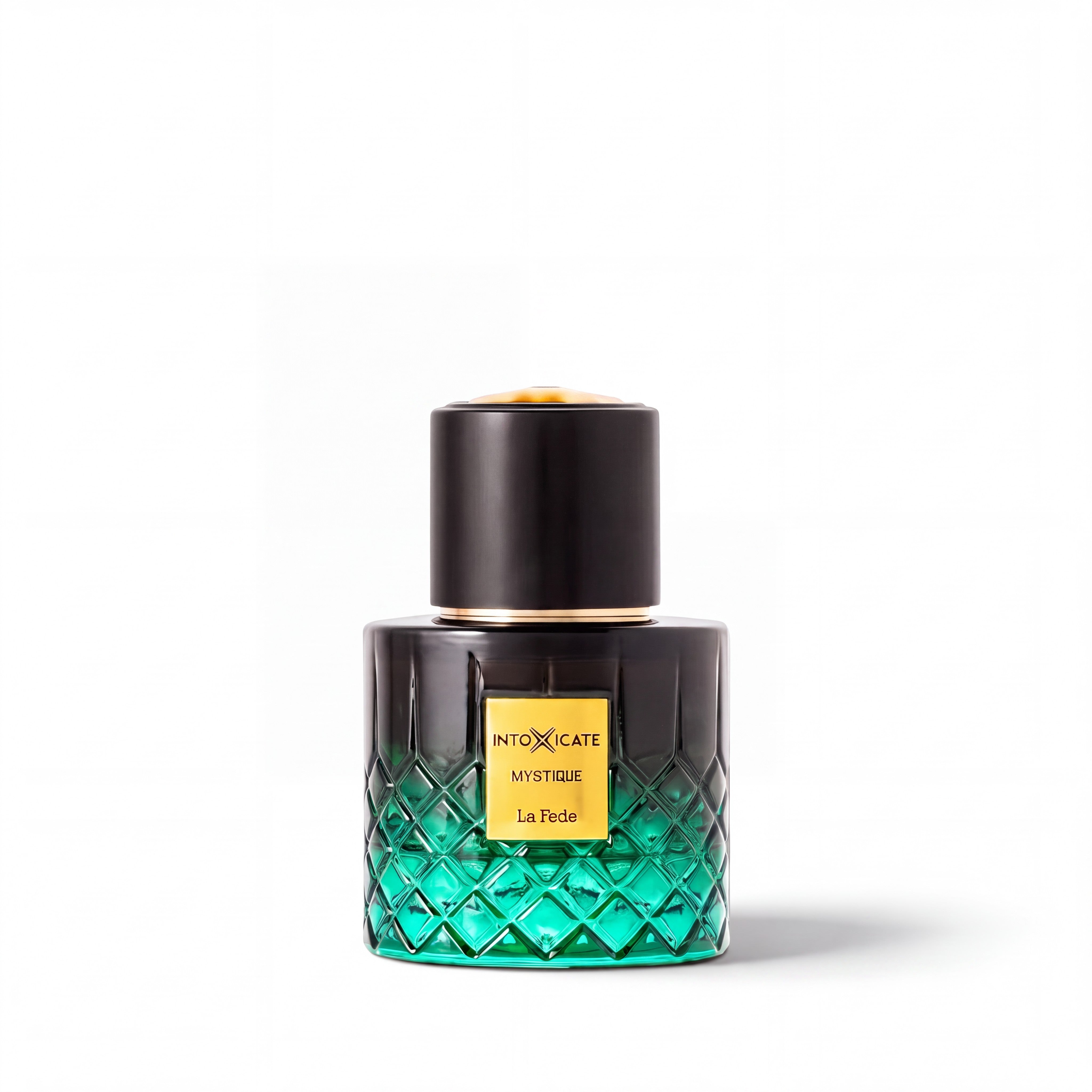 Palette 21 Khadlaj Le Fede Intoxicate Mystique perfume in a green and black diamond-patterned glass bottle