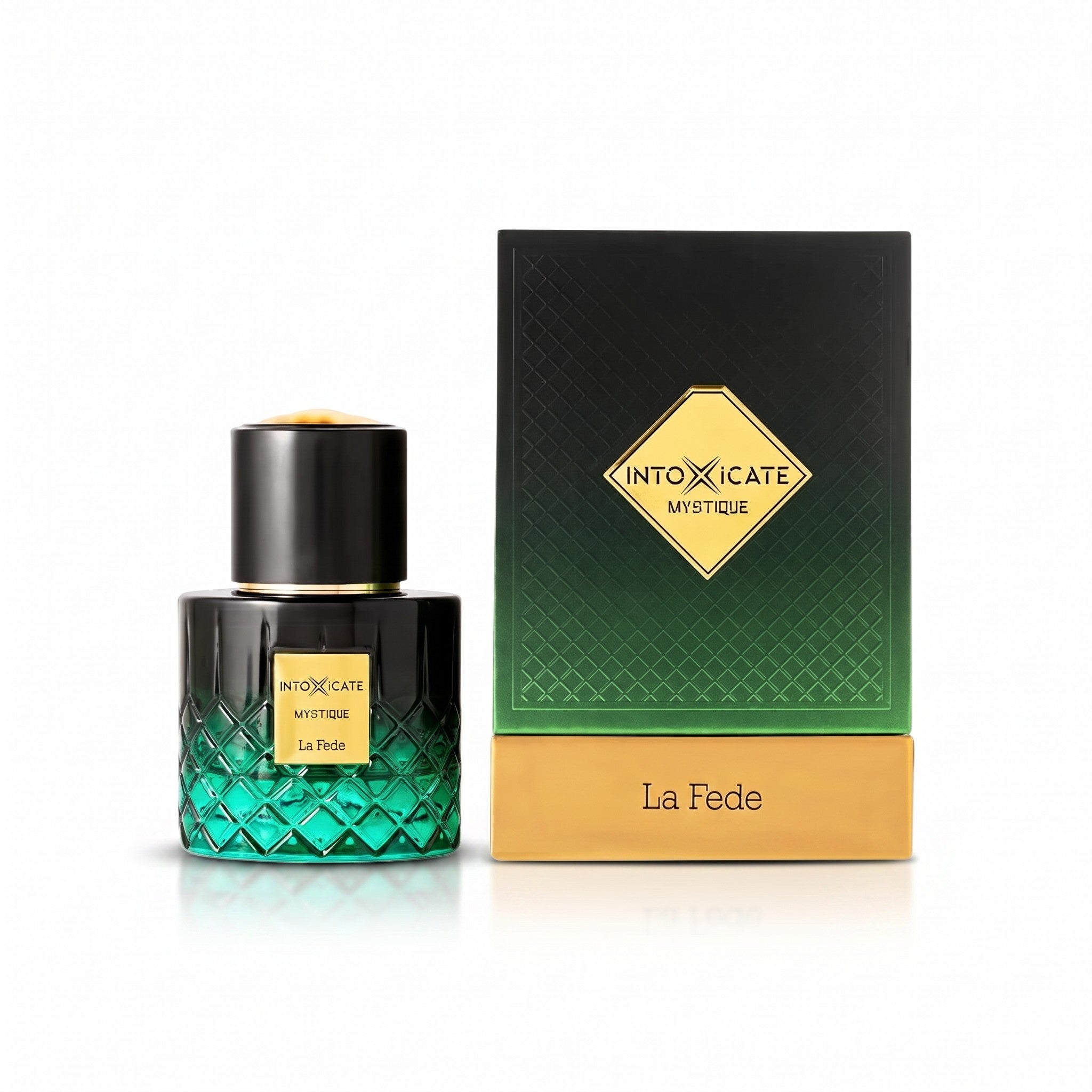 Palette 21 Khadlaj Le Fede Intoxicate Mystique perfume bottle and green textured box with gold accents
