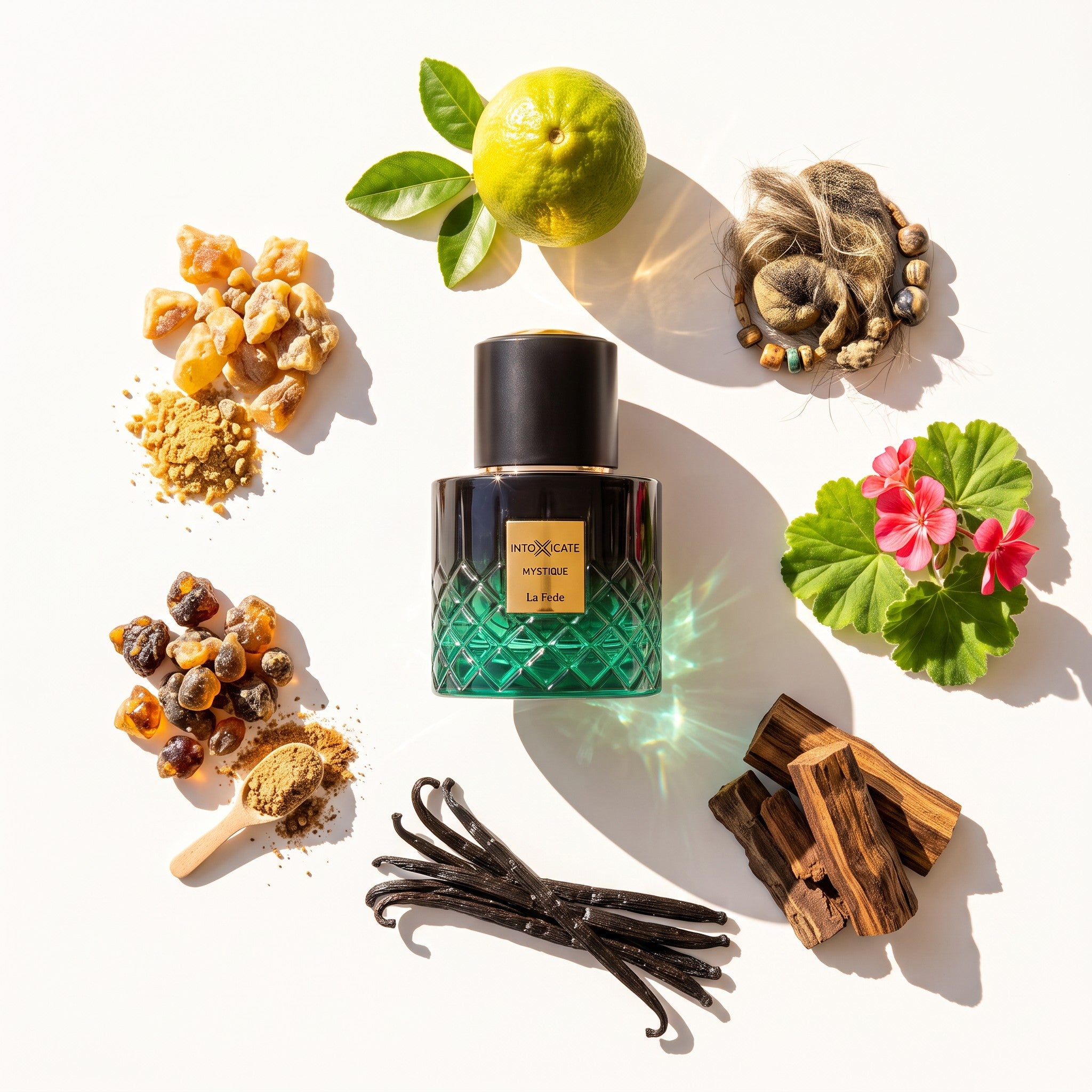 Palette 21 Khadlaj Le Fede Intoxicate Mystique perfume bottle surrounded by raw ingredients like vanilla and resin