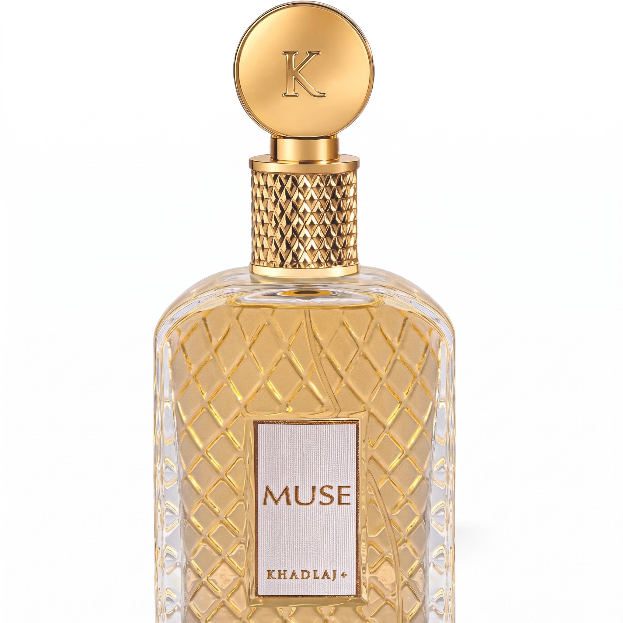 Palette 21 KHADLAJ Muse Eau de Parfum in a textured glass bottle with a gold-tone cap and label.