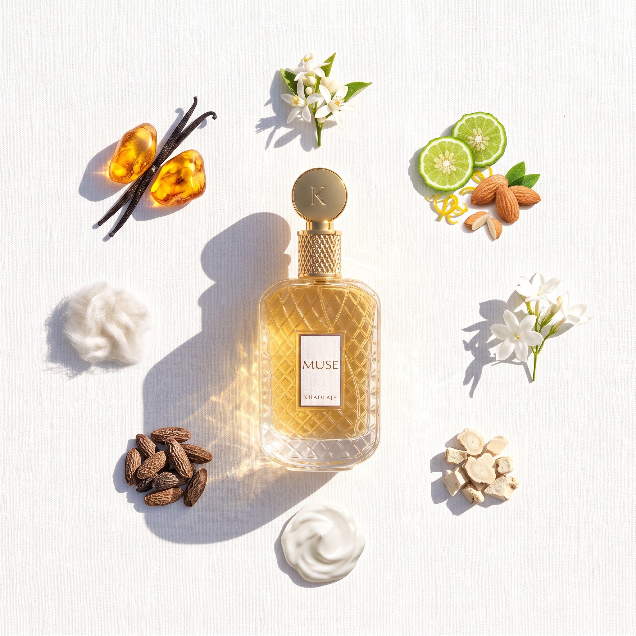 Palette 21 KHADLAJ Muse perfume bottle surrounded by ingredients like vanilla, citrus, almonds, and white flowers.
