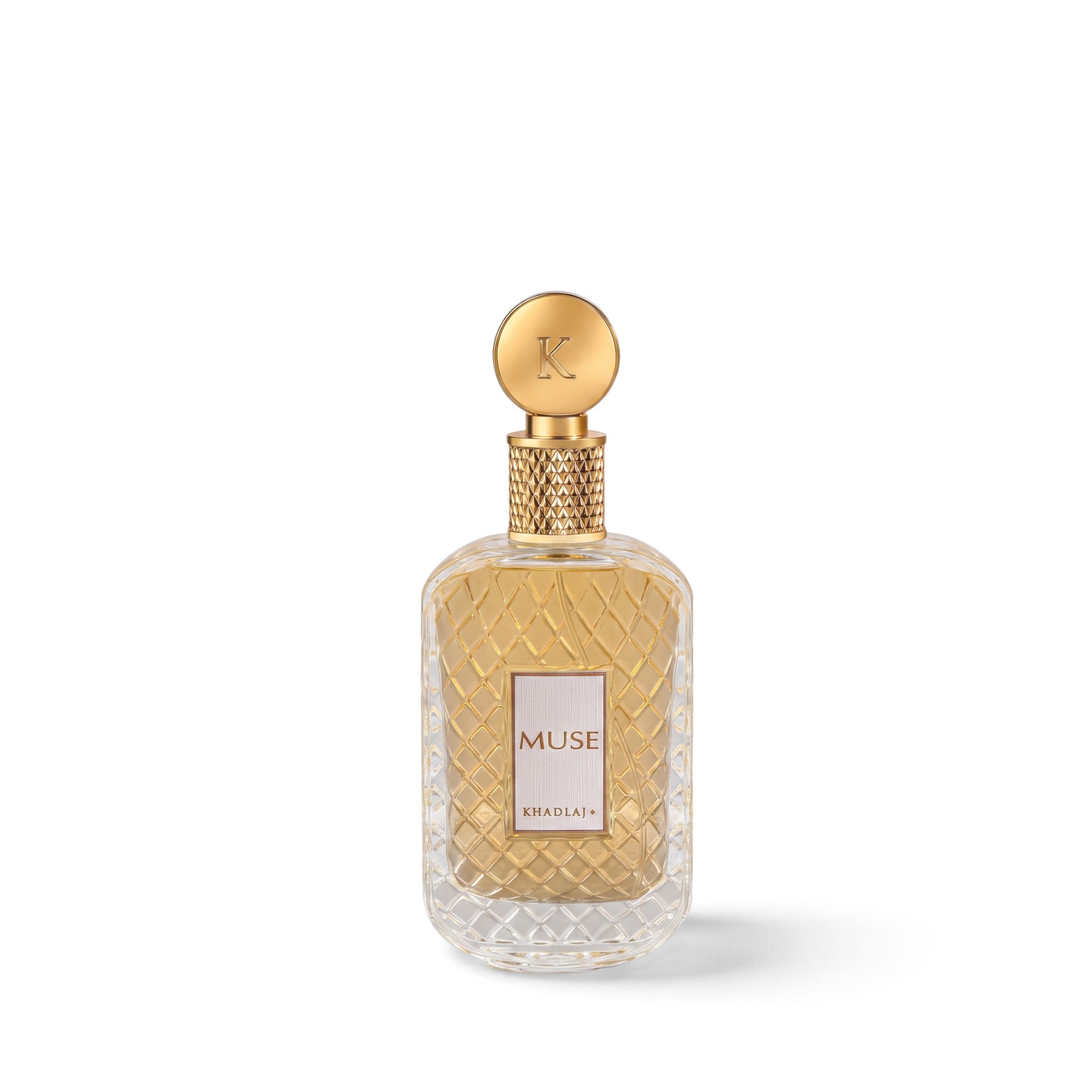 Palette 21 KHADLAJ Muse Eau de Parfum in a textured glass bottle with a gold-tone cap on a white background.