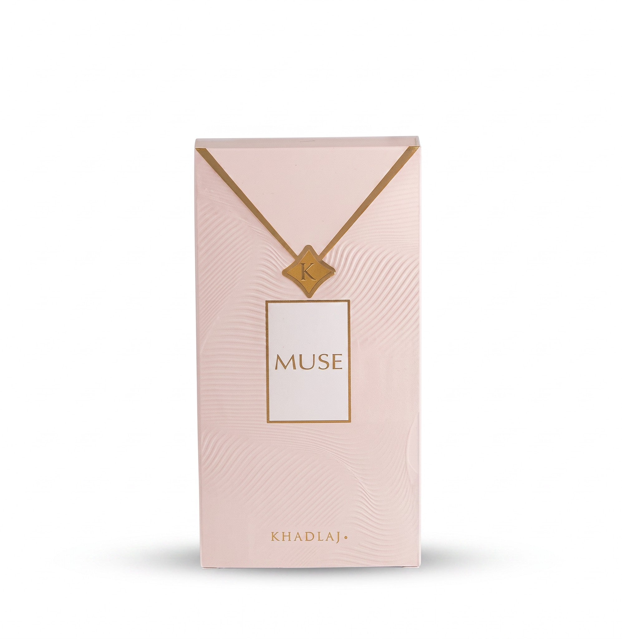 Palette 21 KHADLAJ Muse Eau de Parfum in a light pink textured box with gold-tone necklace detail and logo.