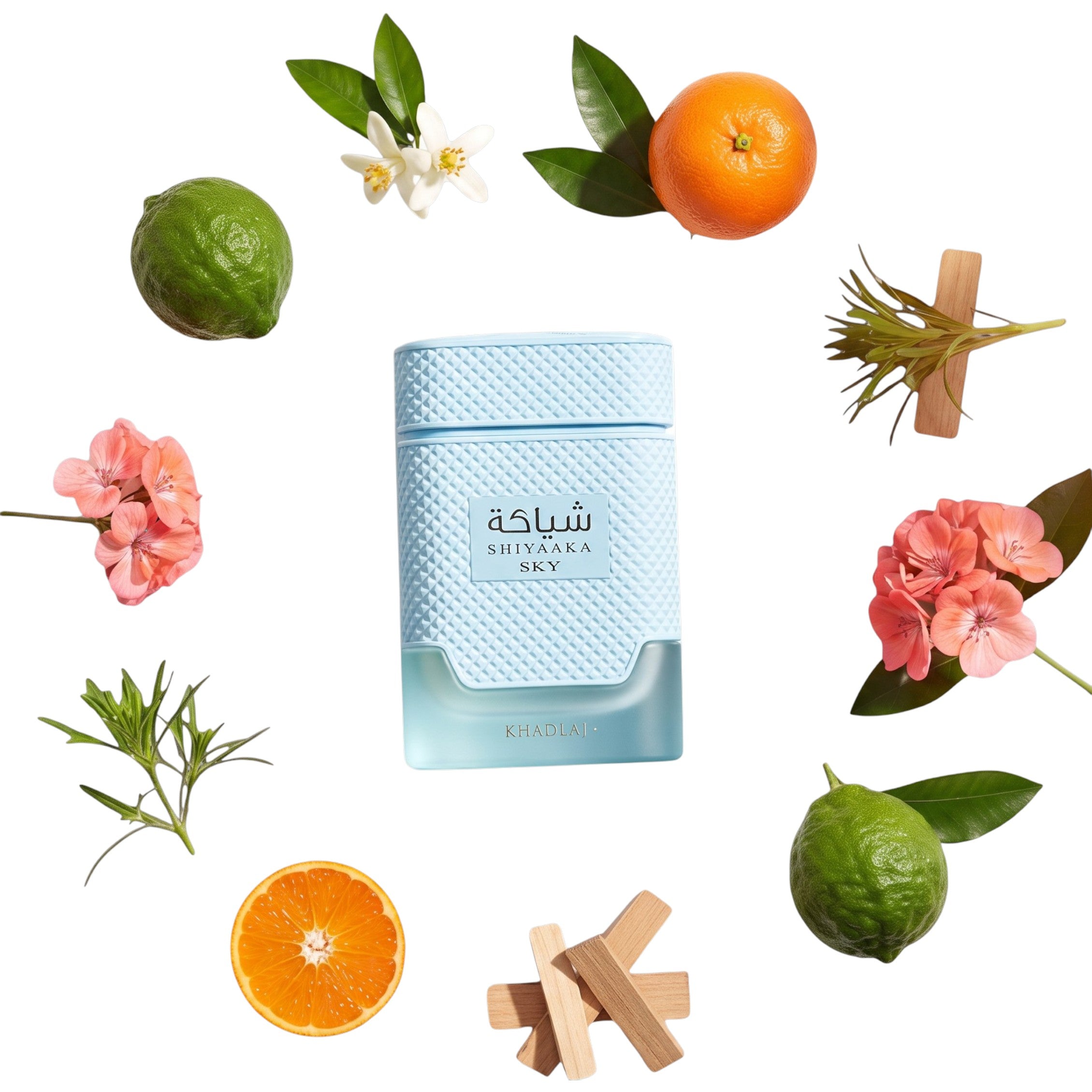 Palette 21 Khadlaj Shiyaaka Sky Eau de Parfum bottle surrounded by fresh bergamot, orange, geranium, and wood accents.