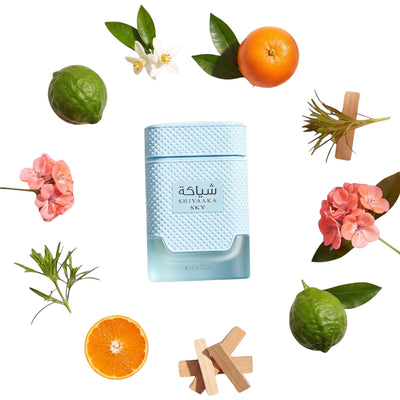 Palette 21 Khadlaj Shiyaaka Sky Eau de Parfum bottle surrounded by fresh bergamot, orange, geranium, and wood accents.