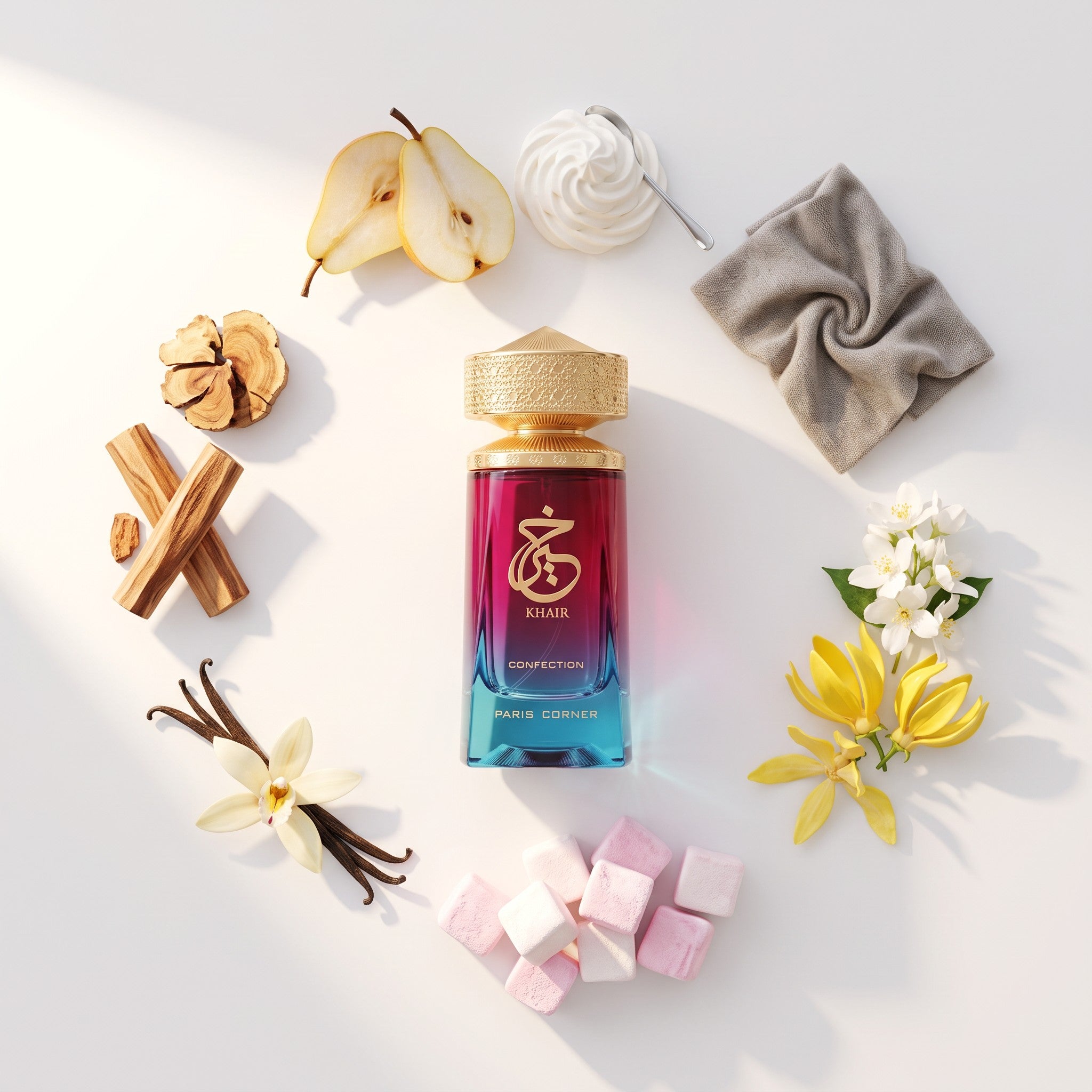 Palette 21 Khair Confection perfume bottle in a gradient magenta and blue glass with gold cap, surrounded by ingredients
