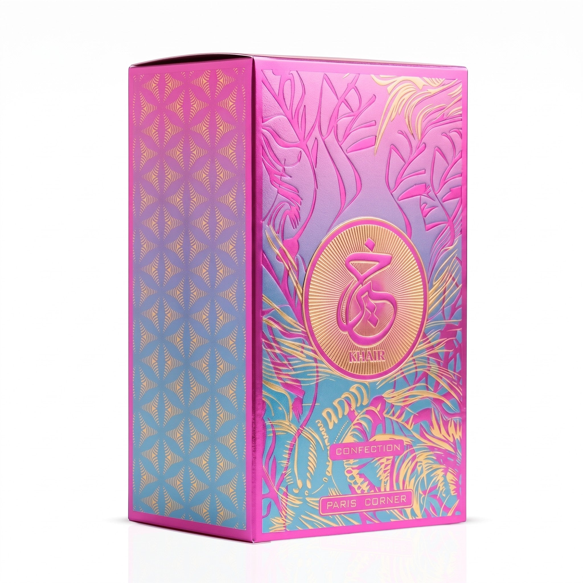 Palette 21 Khair Confection Eau de Parfum box in vibrant magenta and blue gradient with intricate gold embossed details.