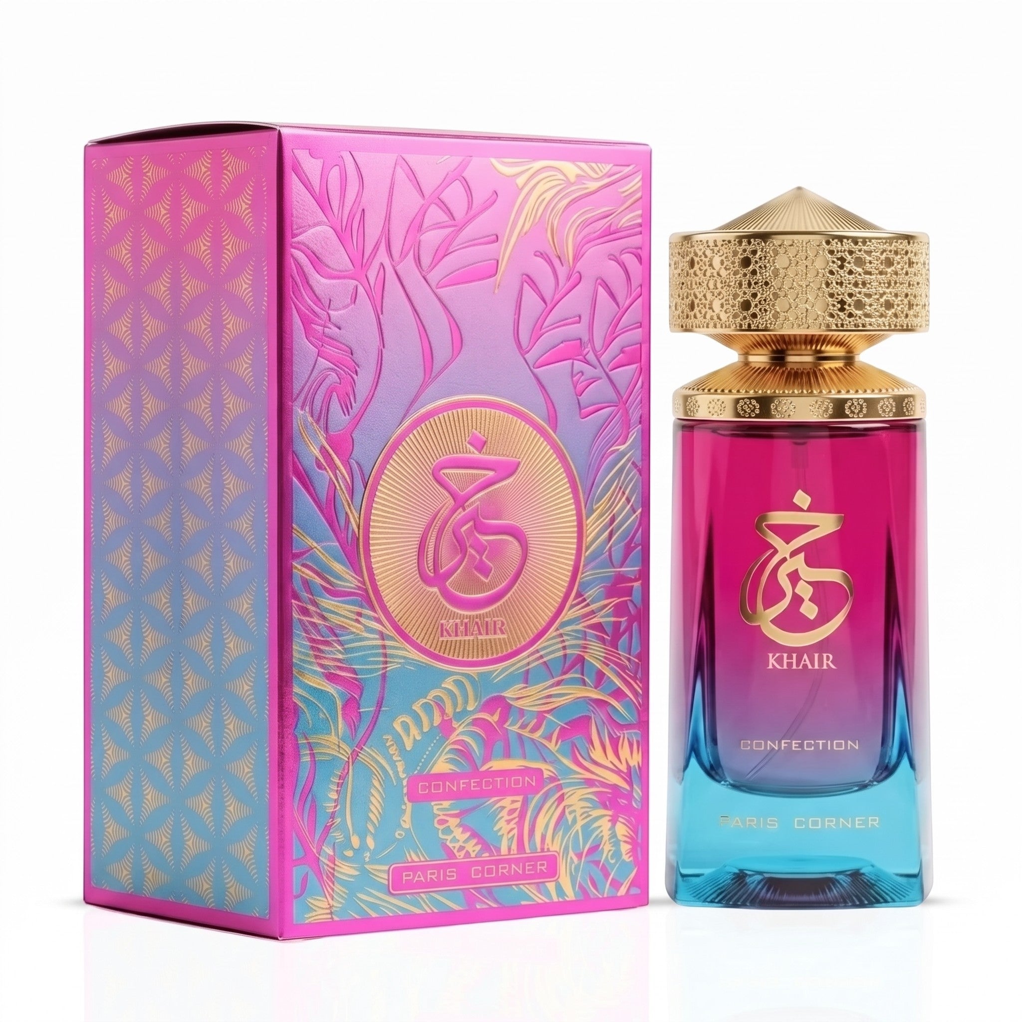 Palette 21 Khair Confection Eau de Parfum bottle and box with magenta to blue gradient and intricate gold cap.