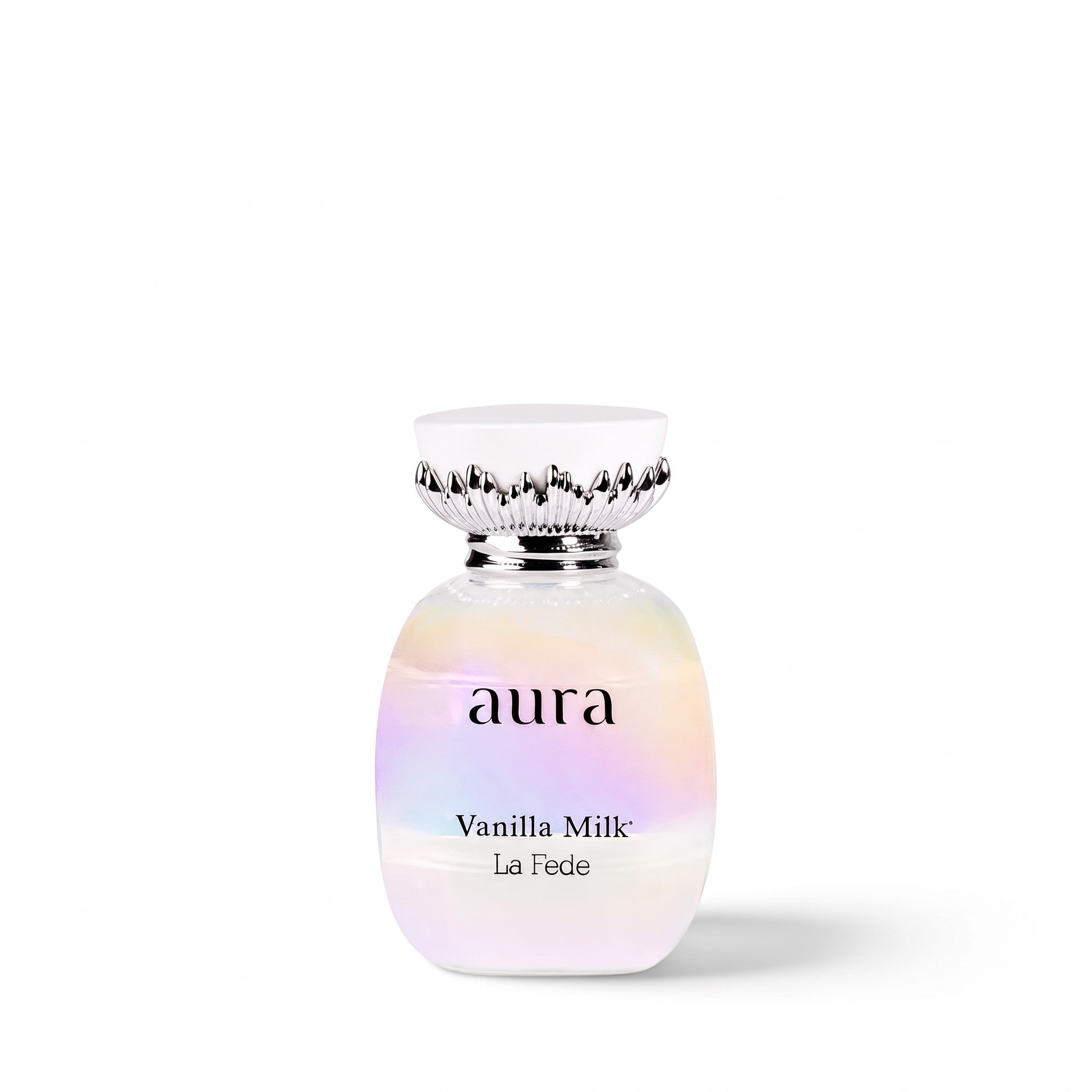 Palette 21 La Fede Aura Vanilla Milk perfume in an iridescent glass bottle with a silver-accented cap.