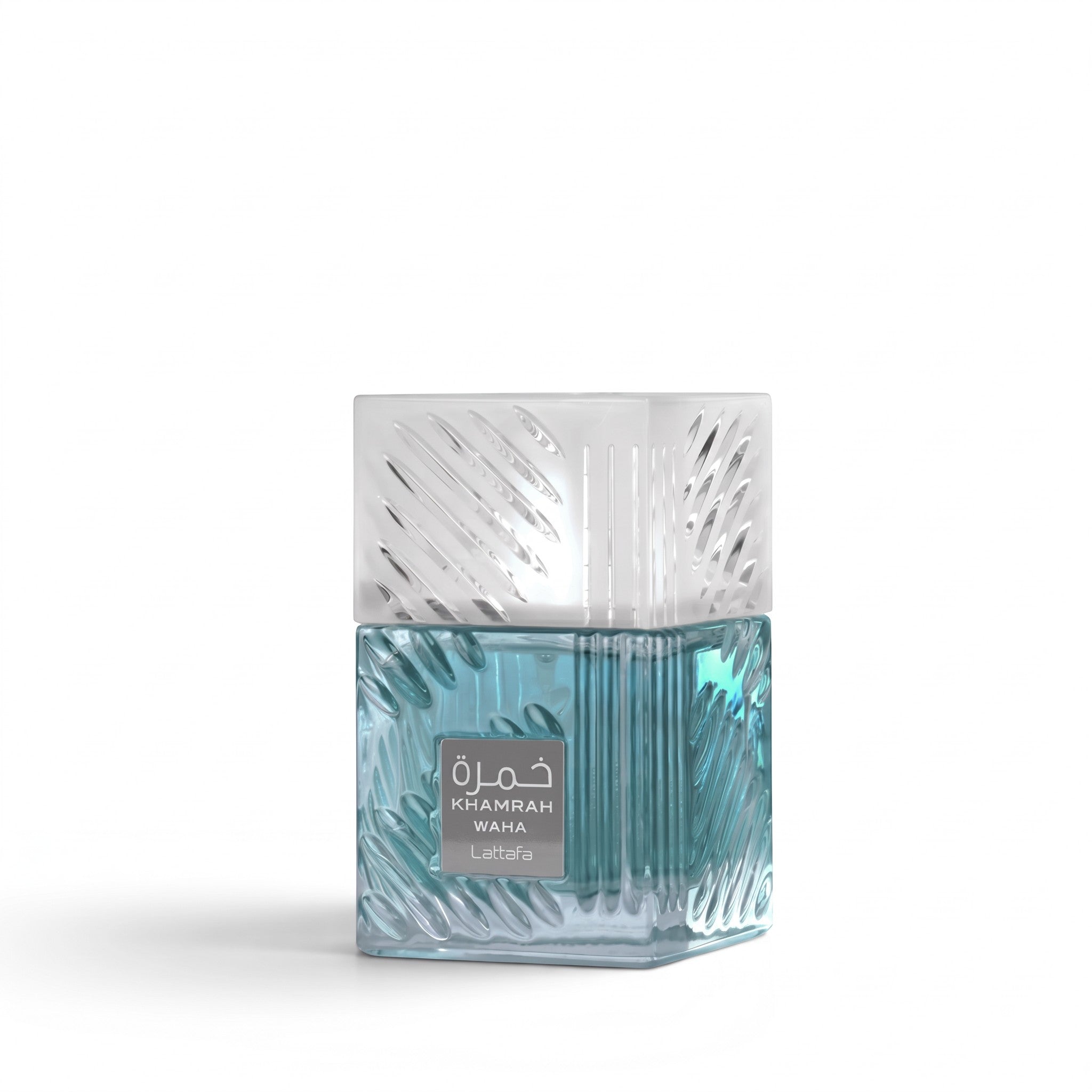 Palette 21 Lattafa Khamrah Waha unisex aromatic aquatic eau de parfum in a textured blue glass bottle with clear cap