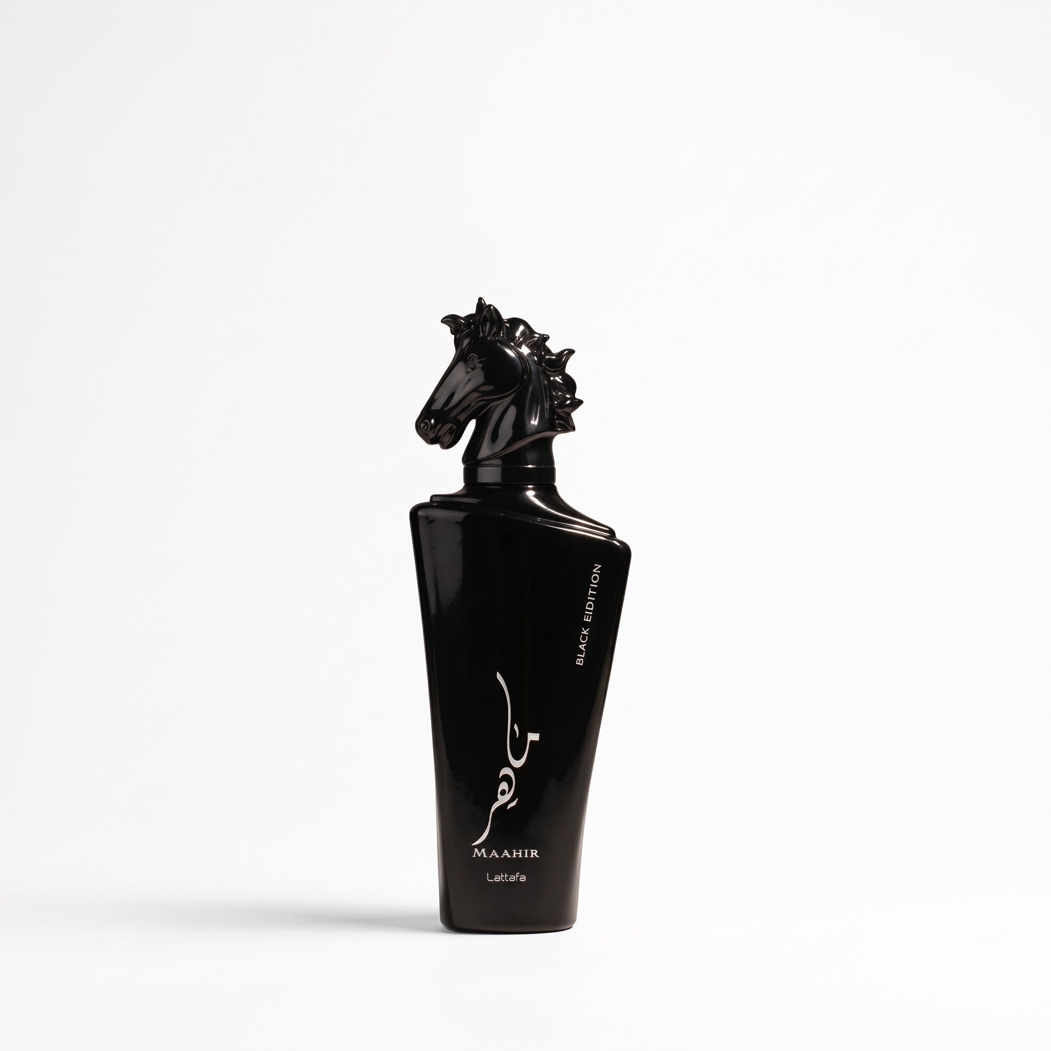 Palette 21 Lattafa Mahir Black Edition perfume bottle featuring a distinct black horse head cap on a white background.