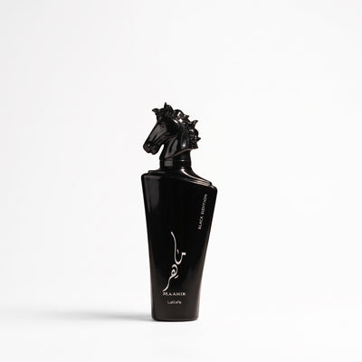Palette 21 Lattafa Mahir Black Edition perfume bottle featuring a distinct black horse head cap on a white background.